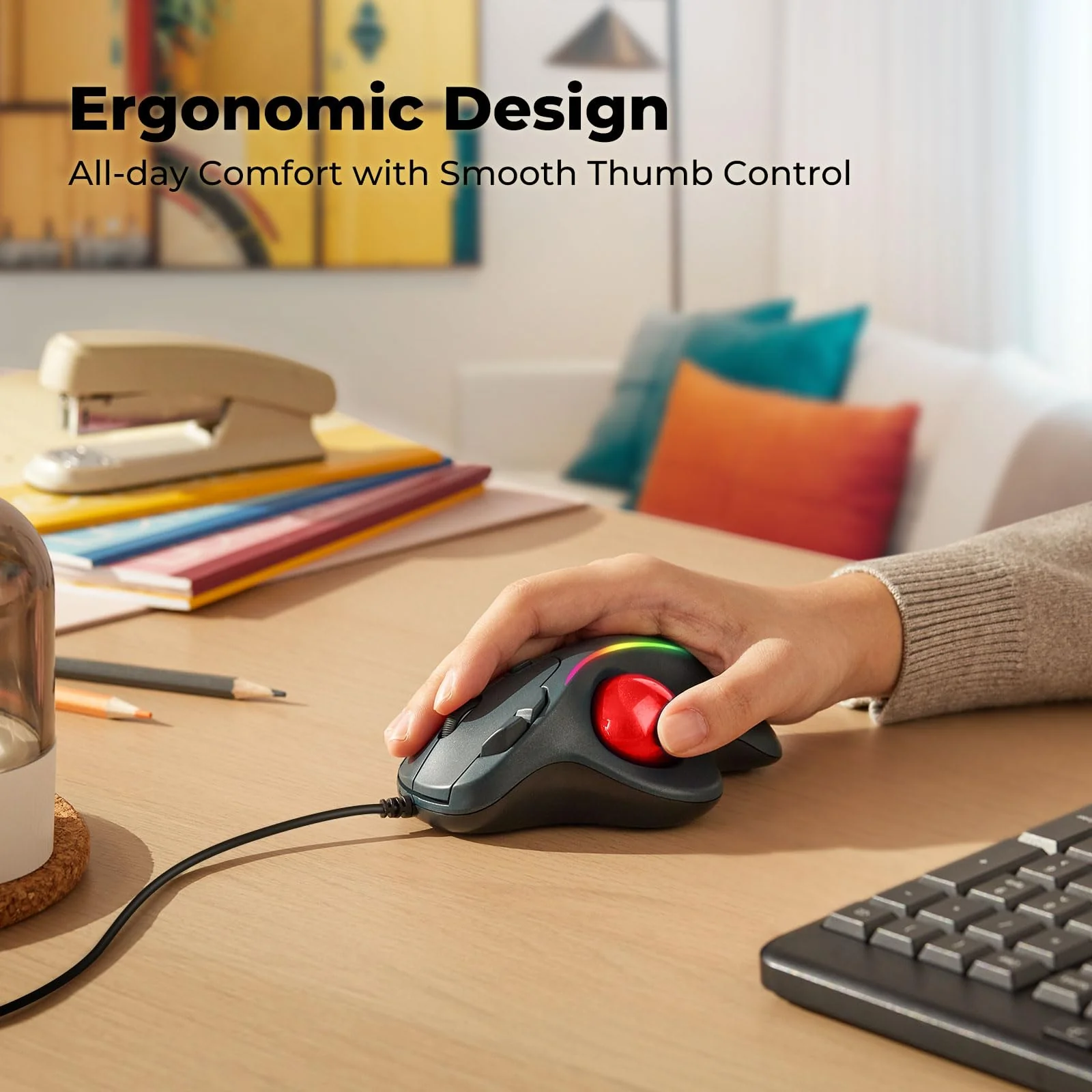 Trackball Mouse Wired, Ergonomic Comfort Design Reduces Muscle Strain, USB Plug&Play, Easy Thumb Control, Precision Tracking with 5 Adjustable DPI, RGB Rollerball Mouse Compatible for PC, Mac, Windows C-Red - Image 2