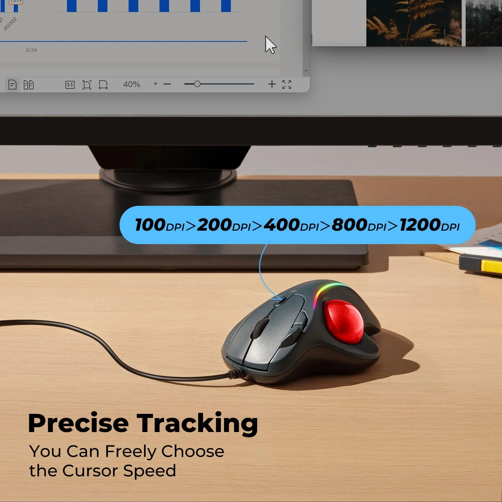 Trackball Mouse Wired, Ergonomic Comfort Design Reduces Muscle Strain, USB Plug&Play, Easy Thumb Control, Precision Tracking with 5 Adjustable DPI, RGB Rollerball Mouse Compatible for PC, Mac, Windows C-Red - Image 4