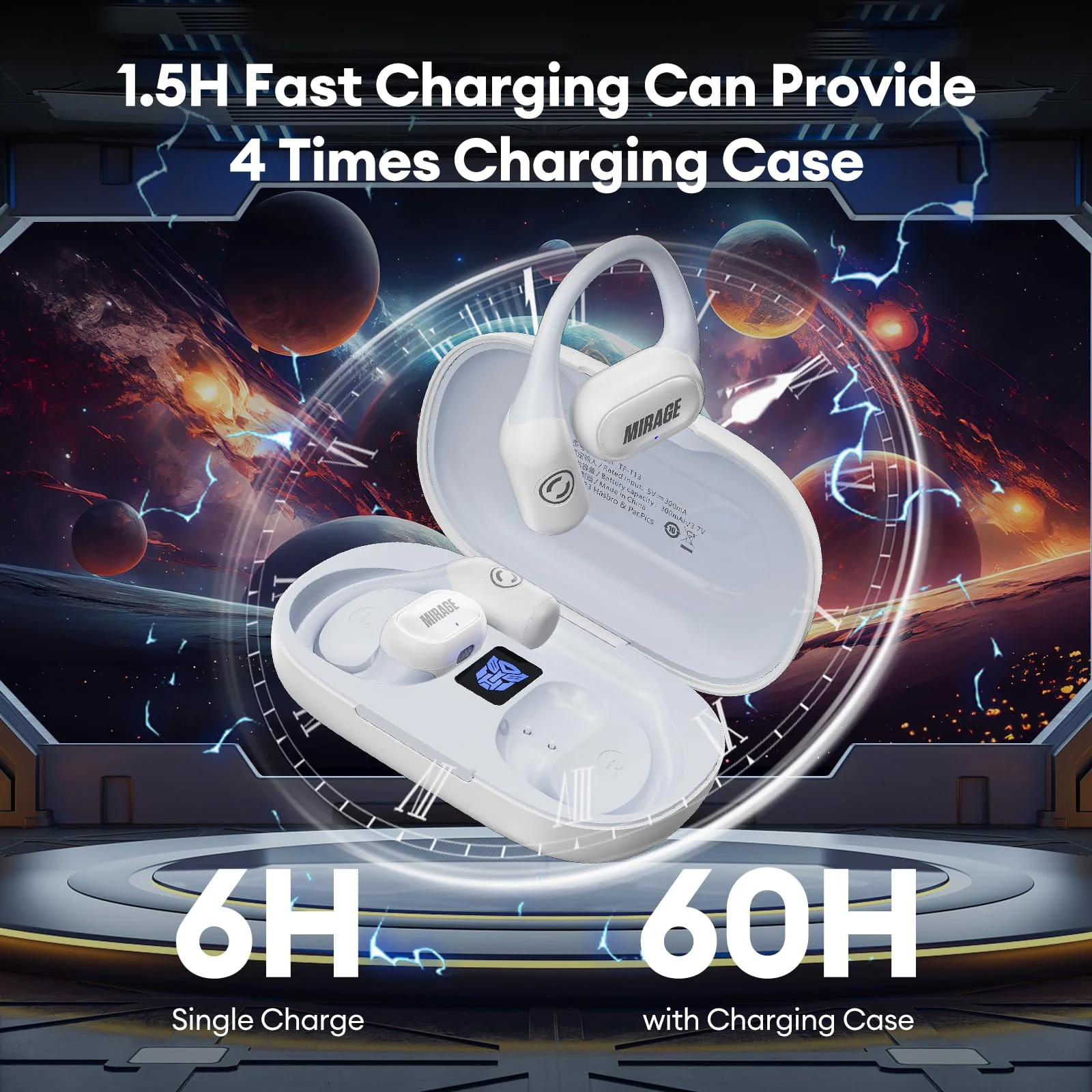 Transformers TF-T13 Open Ear Headphones Wireless 5.4 Bluetooth Sport Earbuds with Ear Hooks for 60Hrs Playback with HD Mic, Music Game Dual Mode Clear Call Sweat-Proof for Running Fitness White - Image 4