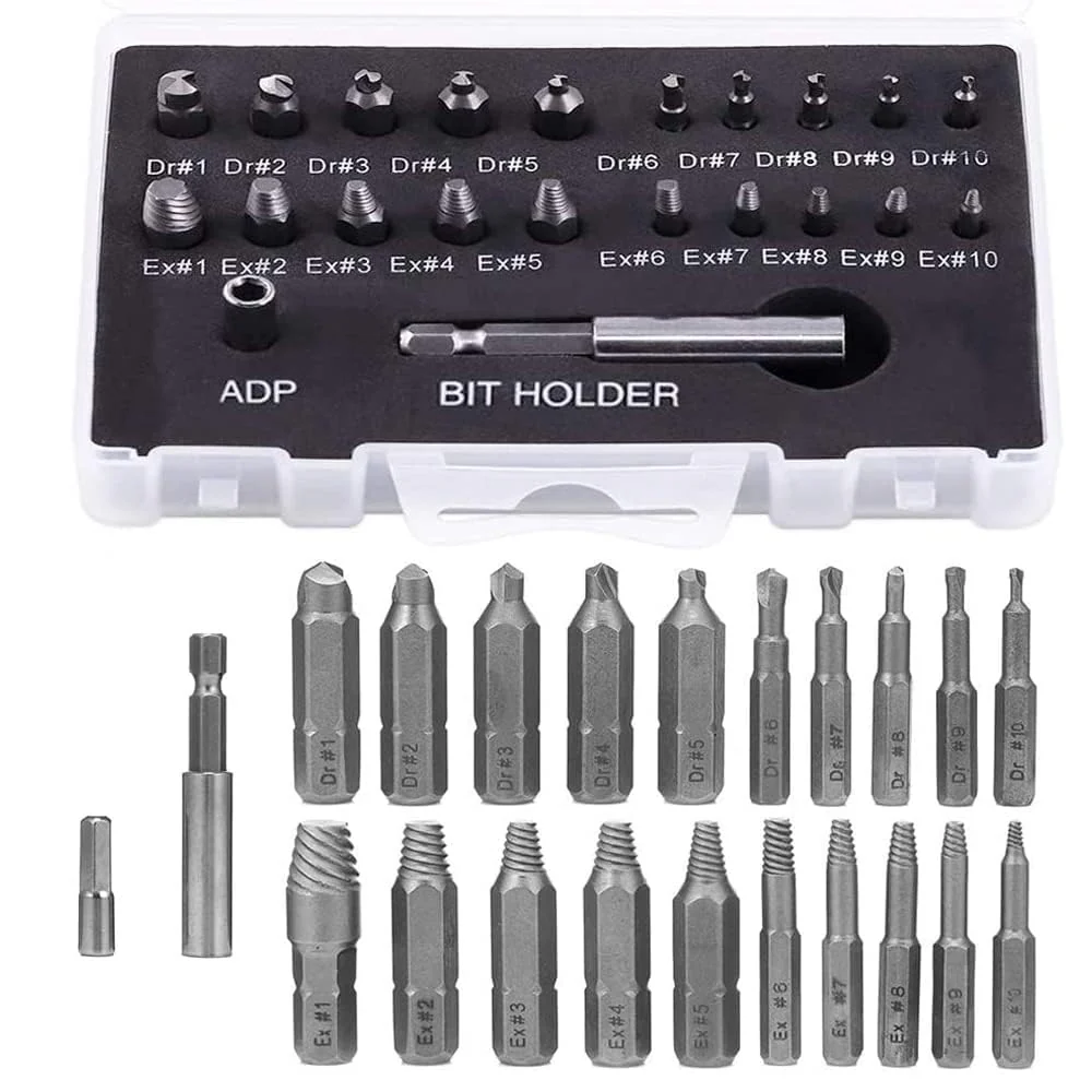 Treki 22 Pieces Damaged Screw Extractor Professional Left Extractor, HSS Broken Screw Remover Extractor Kit with 6.35 mm Bit Holder, Screw Remover for Remover, Stripped 2-12 mm Screws