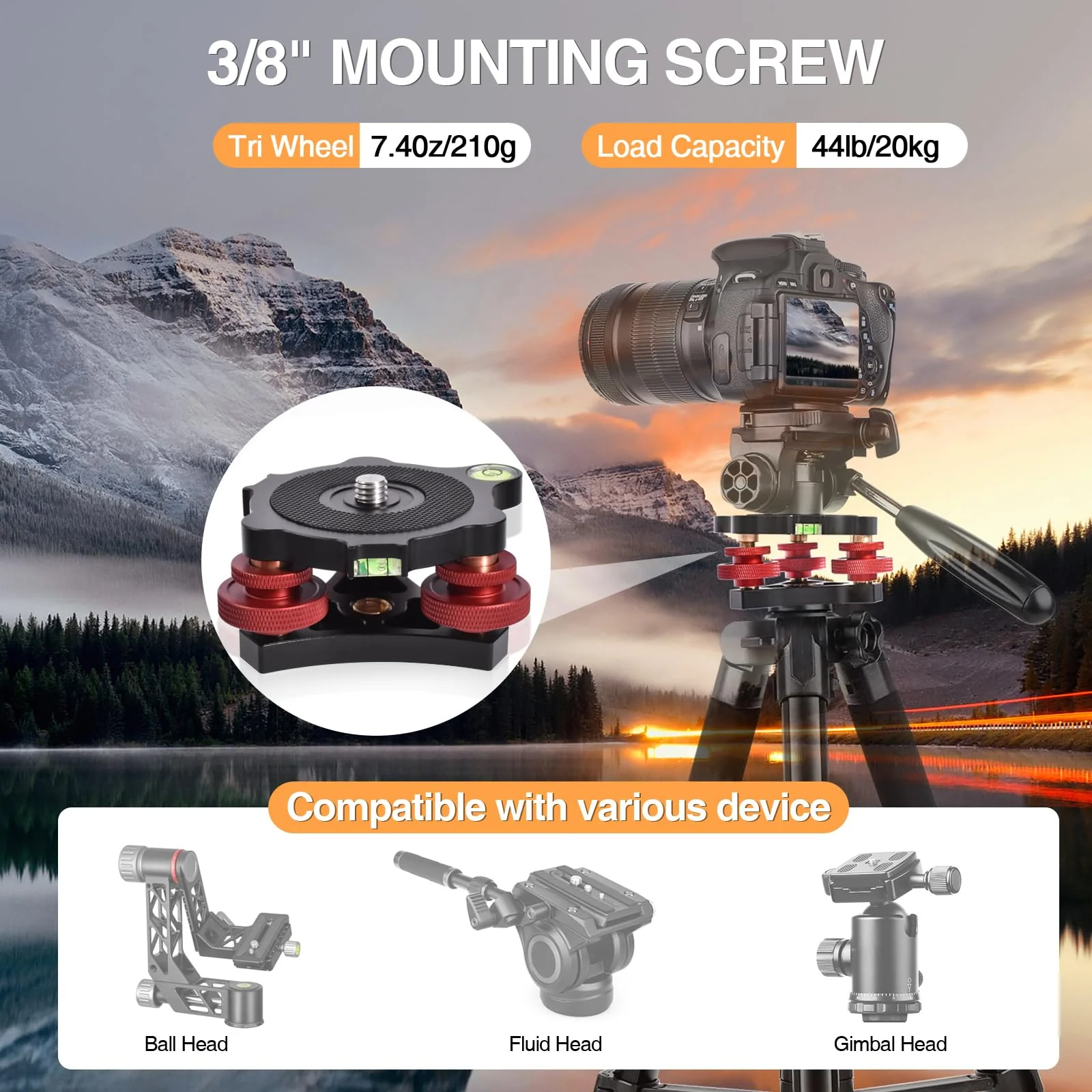 Tripod Leveling Base,Tripod Head Leveling Base Camera Leveler,Tripod Leveler,3/8”Thread,+/-5°Precise Angle Adjustment,Aircraft-Grade Aluminum Alloy 3axis Tri Wheel Head,for Macro Panoramic Head,LP64 - Image 5