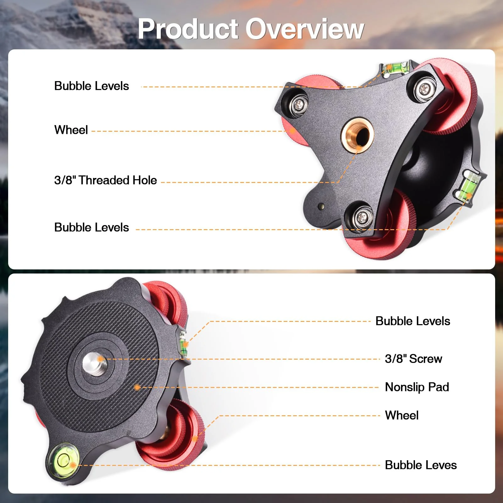 Tripod Leveling Base,Tripod Head Leveling Base Camera Leveler,Tripod Leveler,3/8”Thread,+/-5°Precise Angle Adjustment,Aircraft-Grade Aluminum Alloy 3axis Tri Wheel Head,for Macro Panoramic Head,LP64 - Image 6