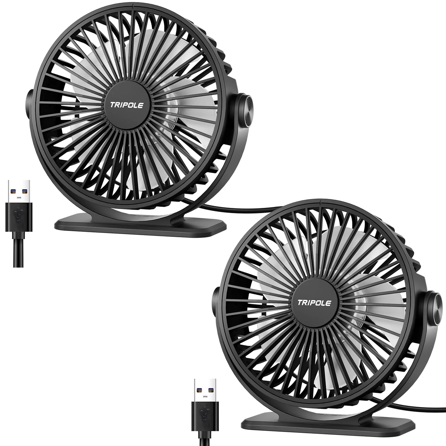 TriPole Desk Fan 2 Pack Black USB Powered Small Portable Fan, 3 Speeds Adjustable Strong Breeze Mini Personal Fan, 360° Rotation Quiet Plug In USB Fan for Desktop Bedroom Office Table Travel, 4.5in Black & Black