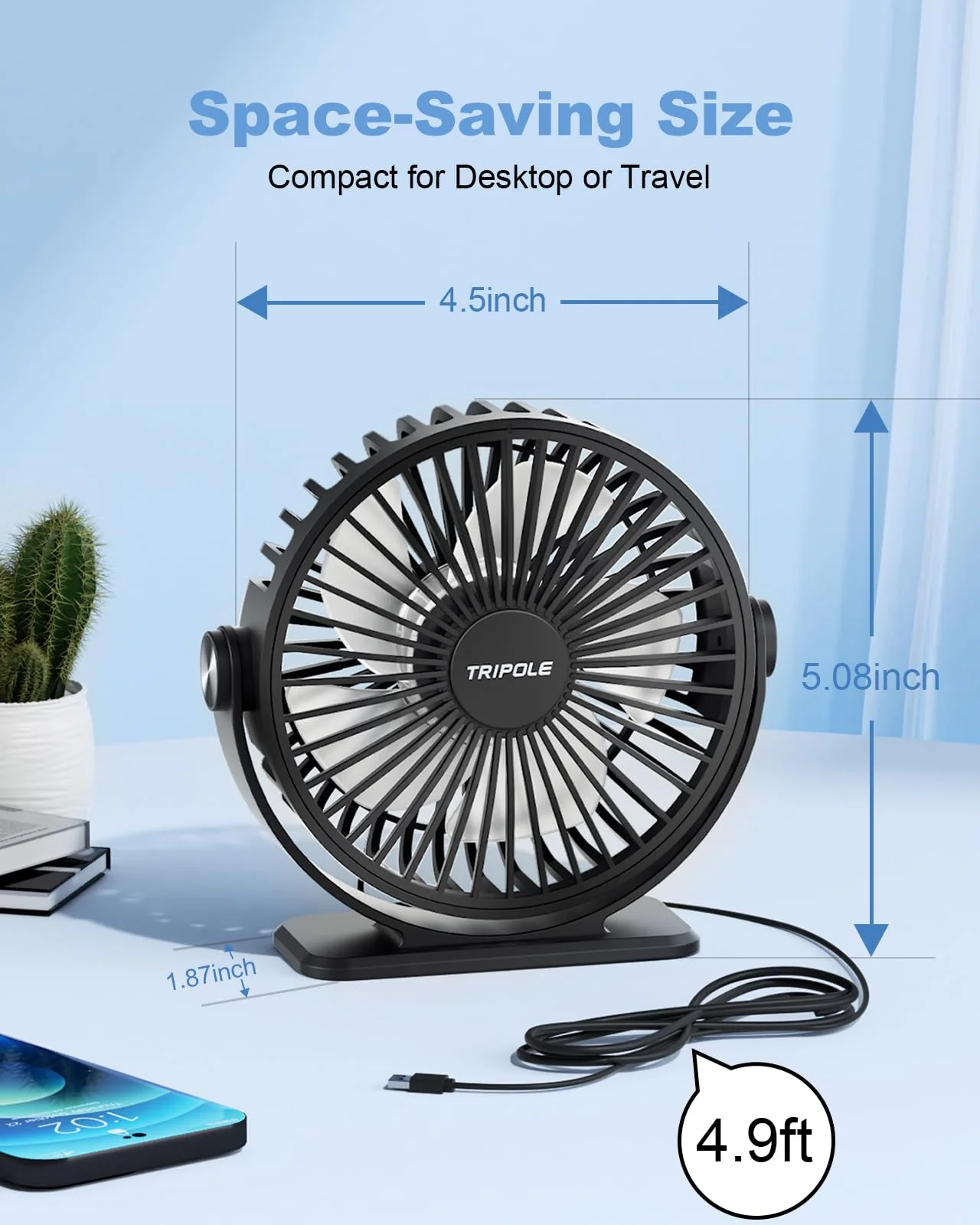 TriPole Desk Fan 2 Pack Black USB Powered Small Portable Fan, 3 Speeds Adjustable Strong Breeze Mini Personal Fan, 360° Rotation Quiet Plug In USB Fan for Desktop Bedroom Office Table Travel, 4.5in Black & Black - Image 2