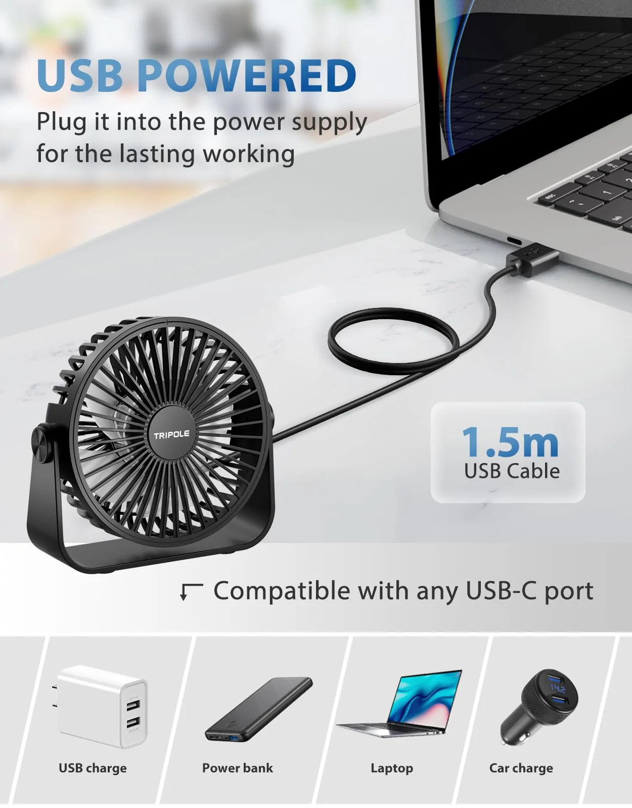 TriPole USB Desk Fan 4.5 Inches Portable Mini Fan Powerful 3 Speeds Wind Personal Desktop Fan with 360° Head Rotation for Home Office Car Indoor Outdoor 2 Pack Black Black + Black - Image 3