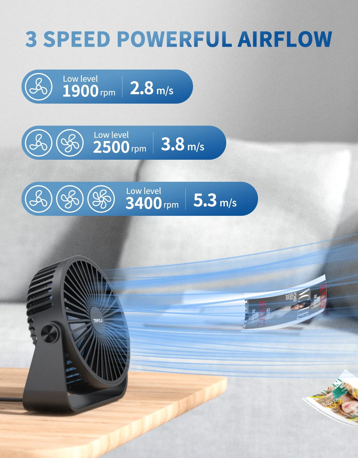TriPole USB Desk Fan 4.5 Inches Portable Mini Fan Powerful 3 Speeds Wind Personal Desktop Fan with 360° Head Rotation for Home Office Car Indoor Outdoor 2 Pack Black Black + Black - Image 4