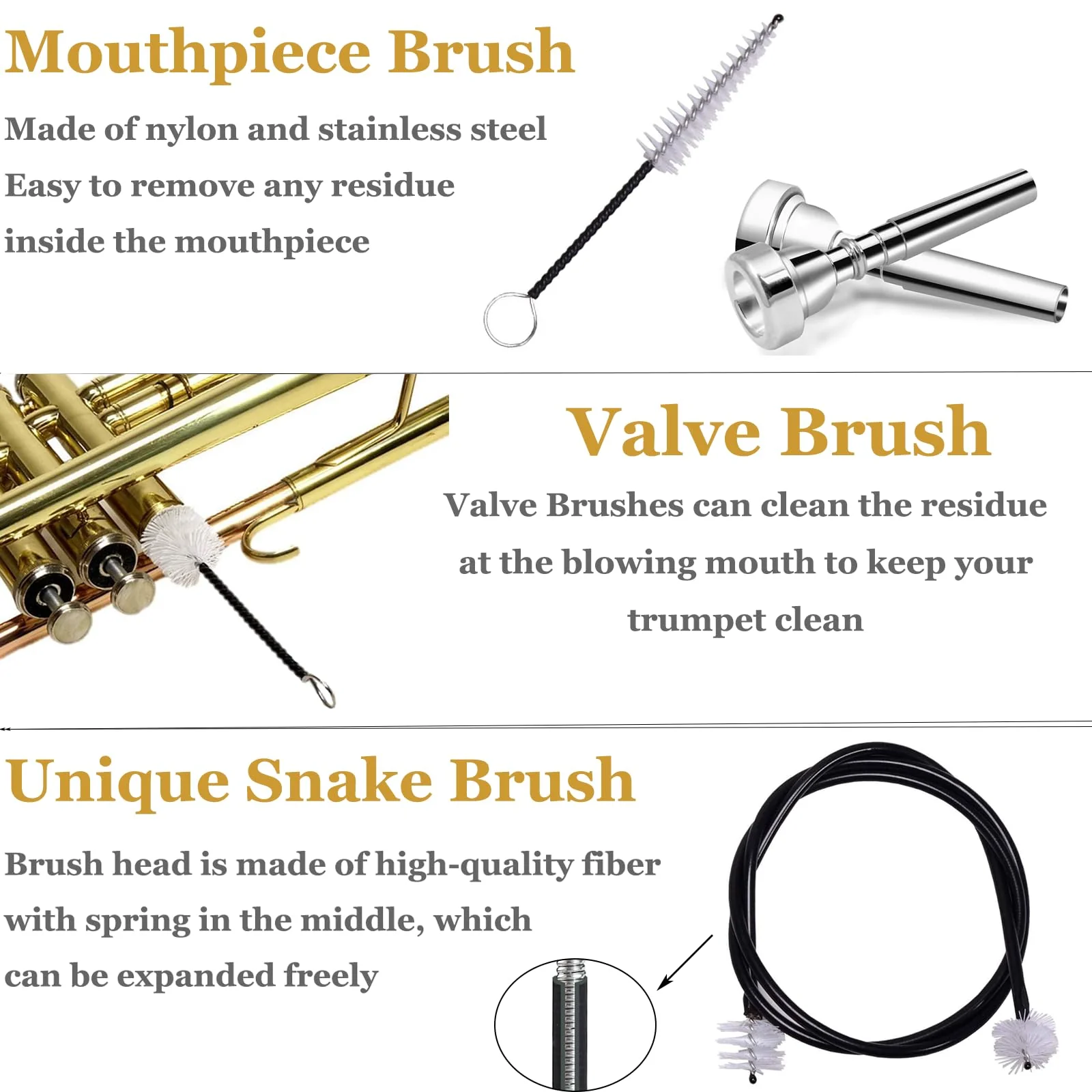 Trumpet Stand and Trumpet Care Kit Mouthpiece, Valve, Snake Brush Kit, Portable Trumpet Stand Holder Foldable Detachable Stable Metal 5 Legs Stand, Valve Brush Flexible Brush - Image 6