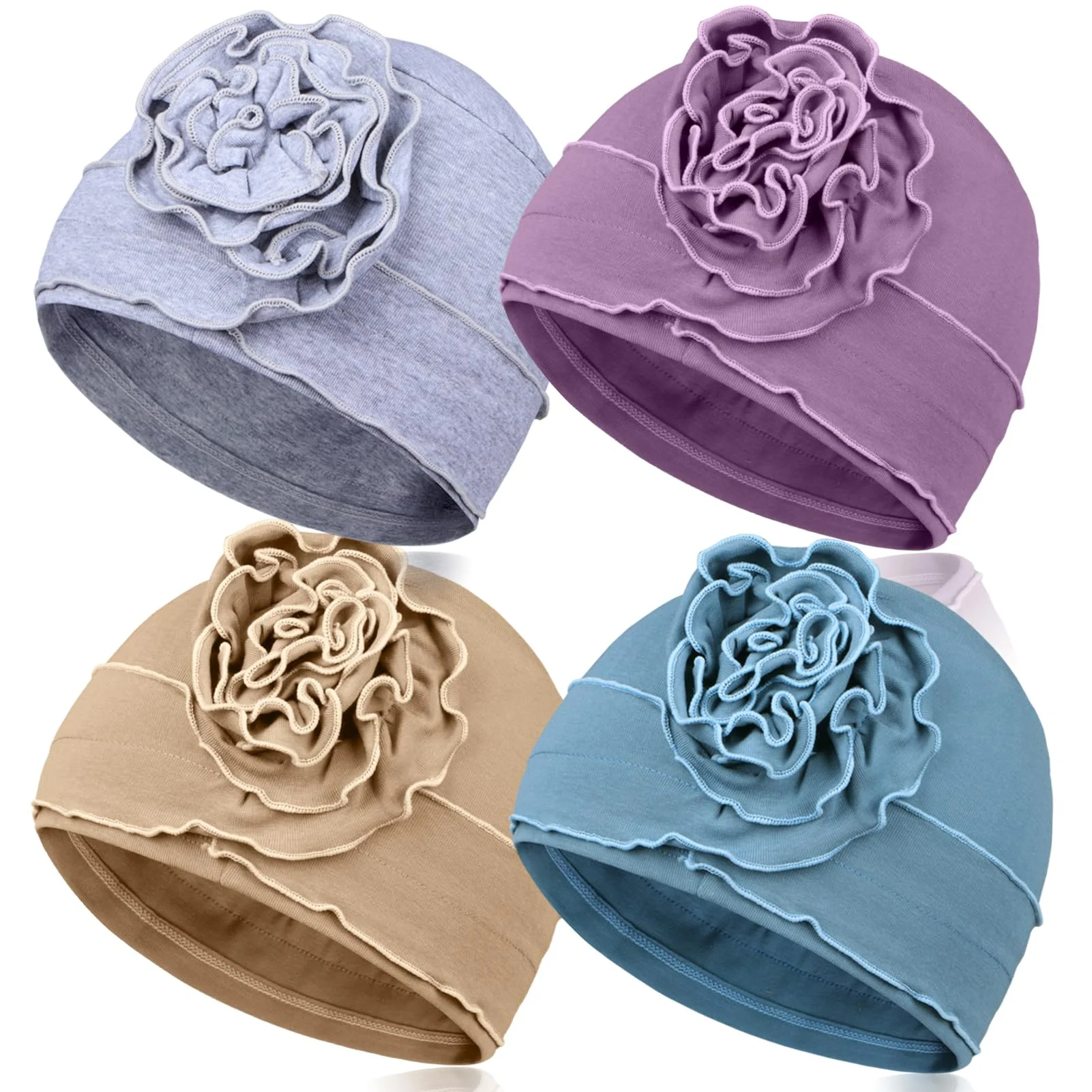 TSKNOMO 4 Pieces Chemo Headwear Set for Women, Breathable Cancer Headwear, Elastic Chemo Hats for Women with Hair Loss Light Grey + Light Purple + Light Blue + Khaki