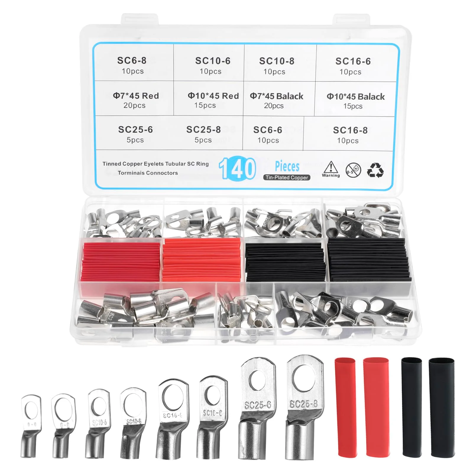 Tube Cable Lugs Cable Lugs Set, 140 Pieces Wire End Ferrules 6 mm² 10 mm² 16 mm² 25 mm² for Car Battery Cable Distribution Boxes, Diameter M6/M8 Ring Terminals Set with 70 Heat Shrink Tubing 2: 1
