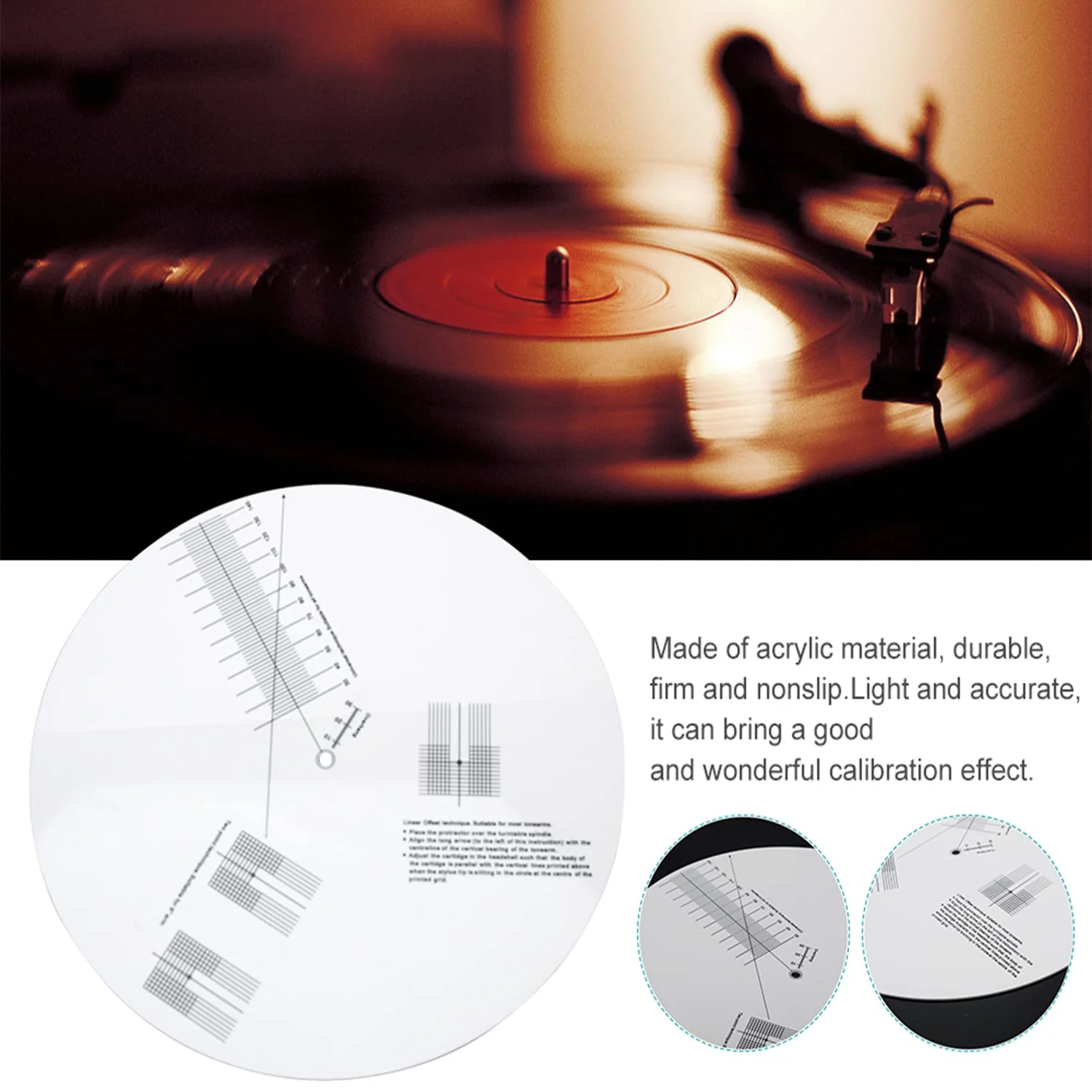 Turntable Cartridge Alignment Protractor Mat, Anti-Sliding LP Vinyl Record Pickup Calibration Plate Distance Gauge Protractor Adjustment Tool Ruler for Turntable Accessories (White) - Image 2