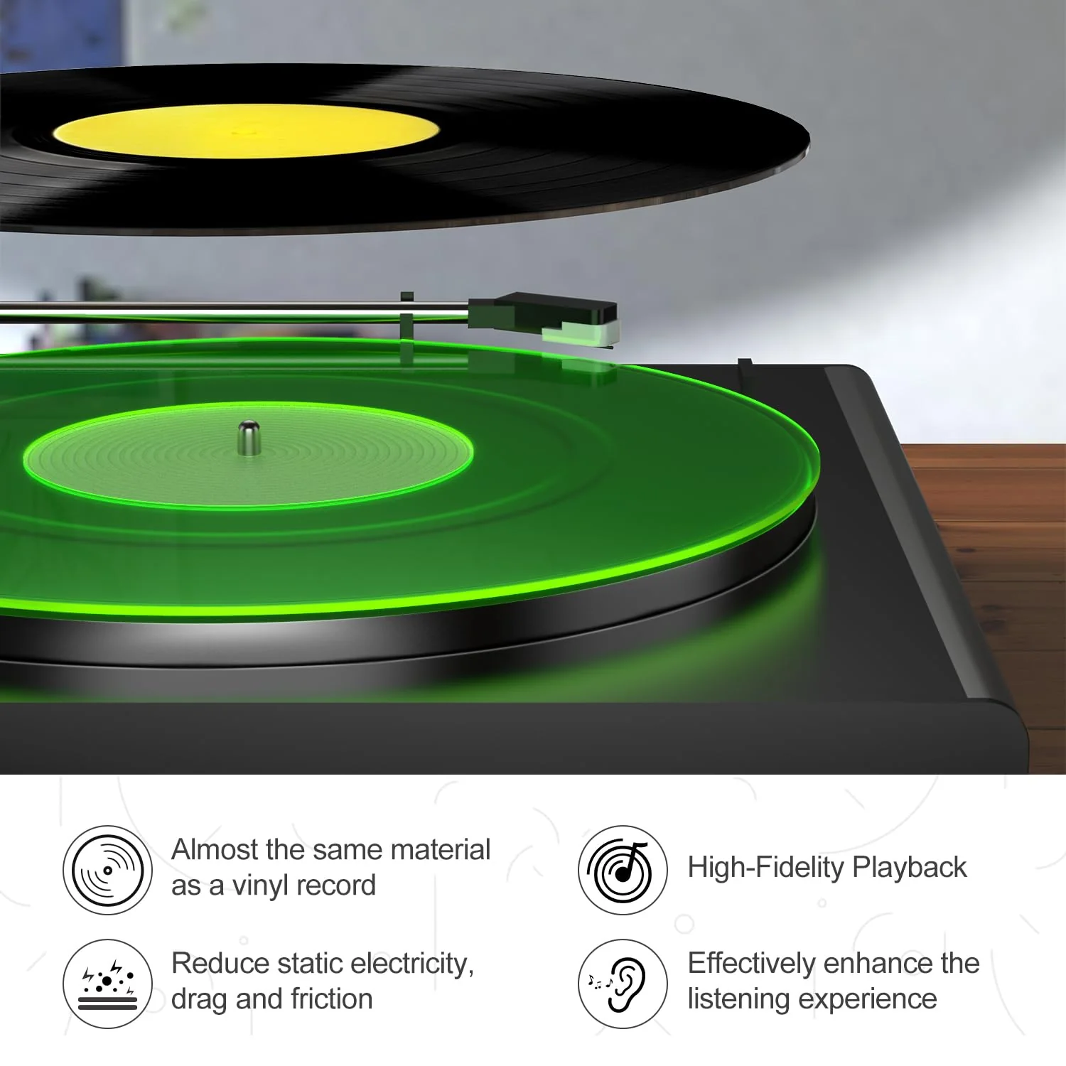 Turntable Mat Record Platter Slipmat: Greenlit Acrylic Record Player Platter Vinyl Slip Mats for Turntables Antistatic Tighter & Defined Bass, Green B - Green Slipmat - Image 3