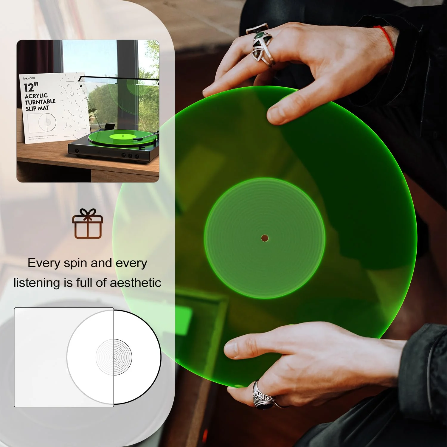 Turntable Mat Record Platter Slipmat: Greenlit Acrylic Record Player Platter Vinyl Slip Mats for Turntables Antistatic Tighter & Defined Bass, Green B - Green Slipmat - Image 4