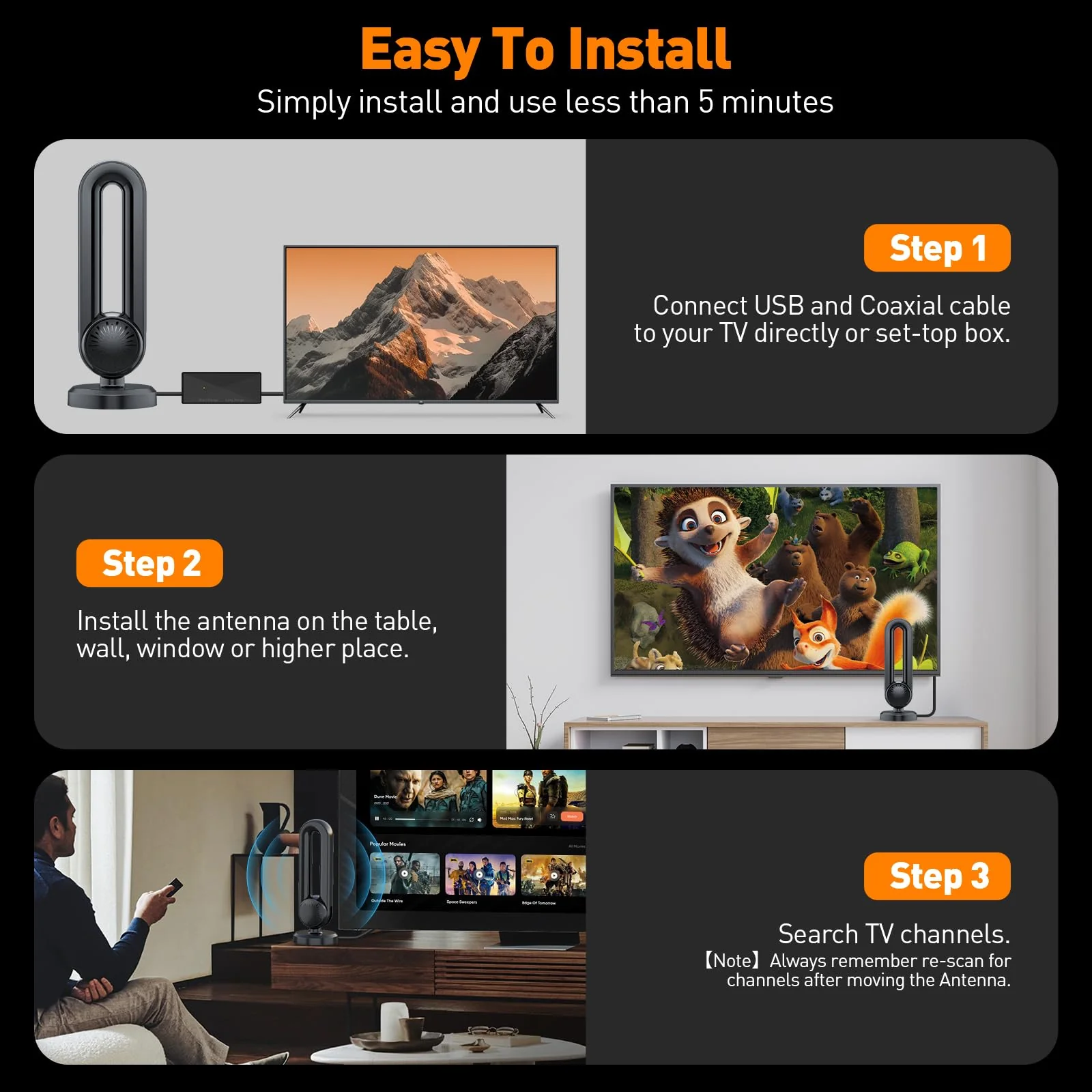 TV Antenna-TV Antenna Indoor, Smart TV Antenna 600+ Miles Range Reception, 18ft Coax Signal Booster, HD TV Antenna for Local Channels & Support 4K 1080P Suitable for All Smart TV and All Older TV's - Image 7