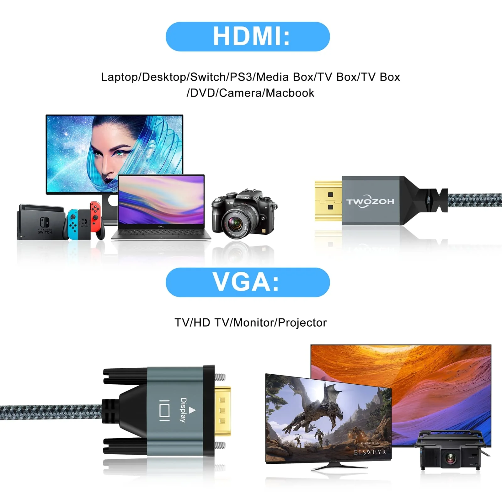 Twozoh HDMI to VGA Cable 6.6FT. Aluminum Alloy Shell Nylon Braided & Gold-Plated Support 1080P/60HZ 1 Pack - Image 3