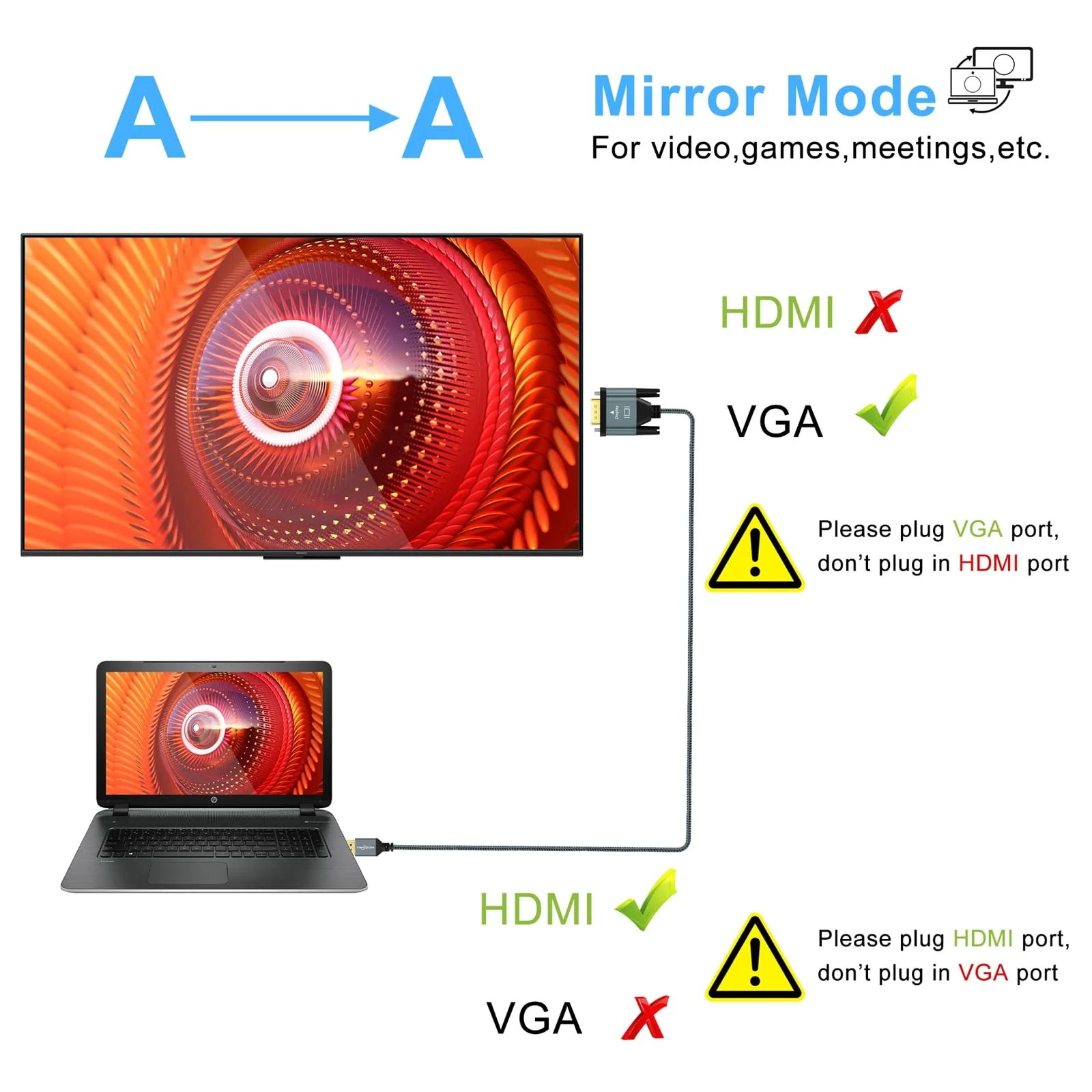 Twozoh HDMI to VGA Cable 6.6FT. Aluminum Alloy Shell Nylon Braided & Gold-Plated Support 1080P/60HZ 1 Pack - Image 5