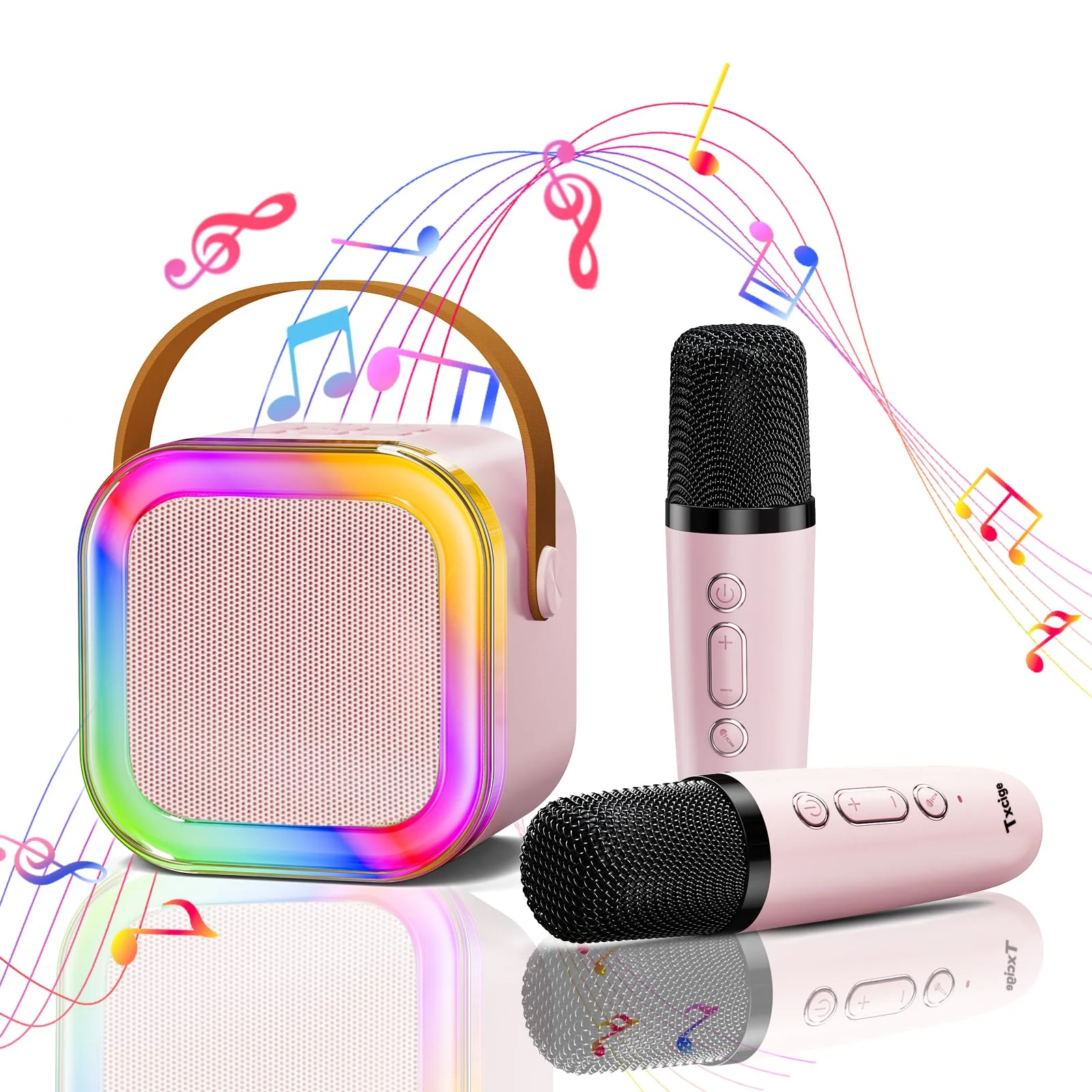 Txcige Mini Karaoke Machine for Kids Adults, Portable Bluetooth Karaoke Speaker with 2 Wireless Microphones & Colorful Lights, Karaoke Machine for Girls Boys Birthday Christmas (Pink) Pink