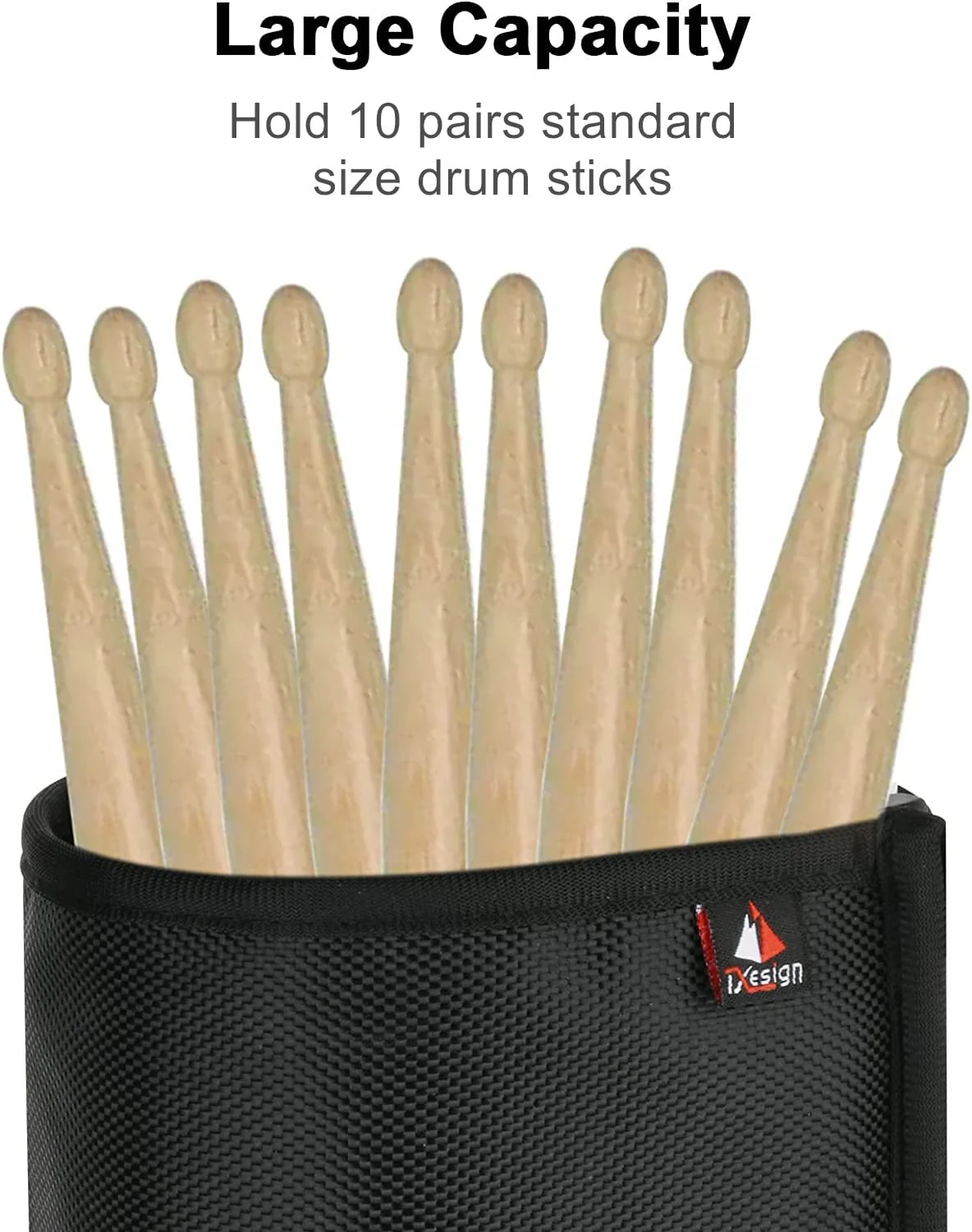 TXEsign Drumstick Holder Drum Sticks Holder Bag for Drumsticks Brushes Mallets Up to 10 Pairs, Two Straps Attach to Drum Kit & Music Stand (Black) Black - Image 2