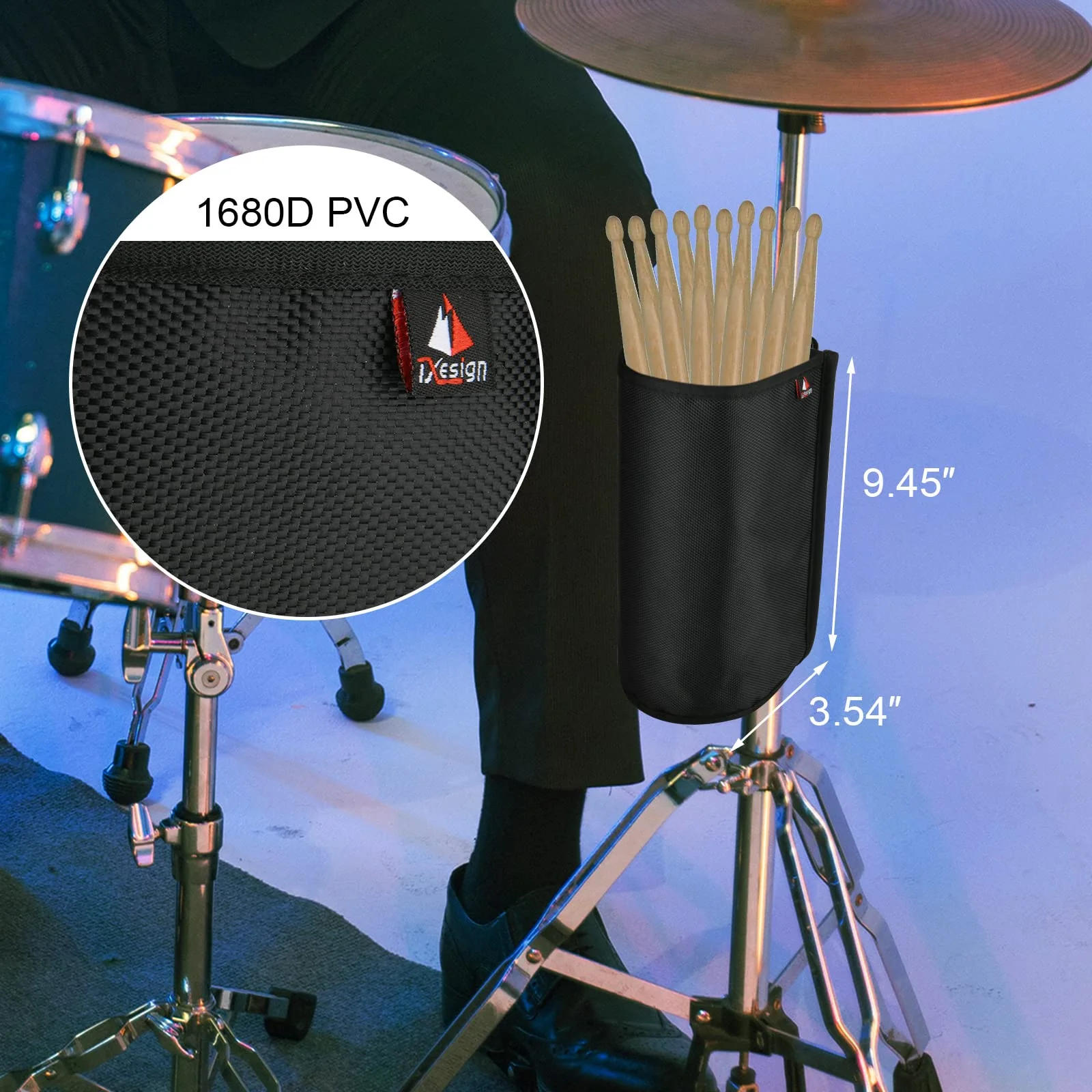 TXEsign Drumstick Holder Drum Sticks Holder Bag for Drumsticks Brushes Mallets Up to 10 Pairs, Two Straps Attach to Drum Kit & Music Stand (Black) Black - Image 3
