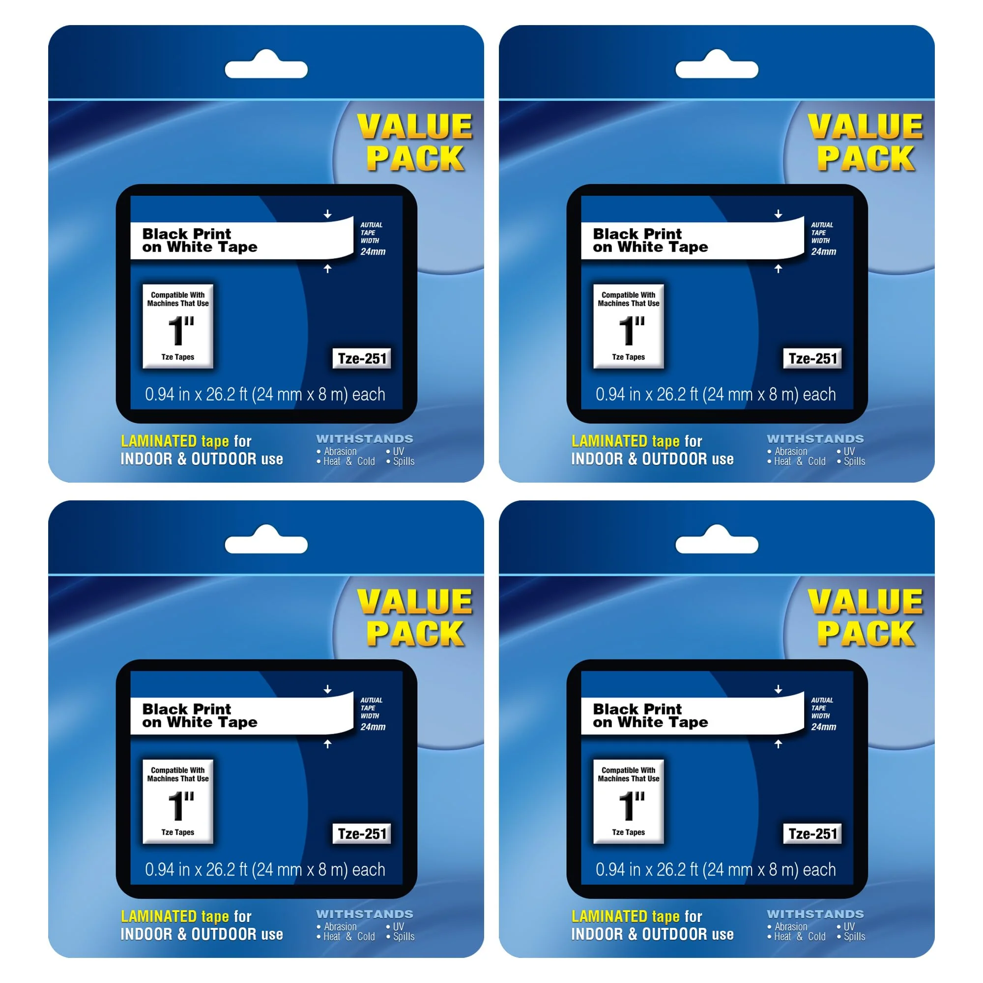 Tze-251 24mm Label Tape Replacement for Brother P Touch TZe TZ Label Tape 24mm 0.94 Laminated Label Tape for Ptouch PTD400 PTD410 PT-D610BT PTD460BT, Black on White, 4 Pack