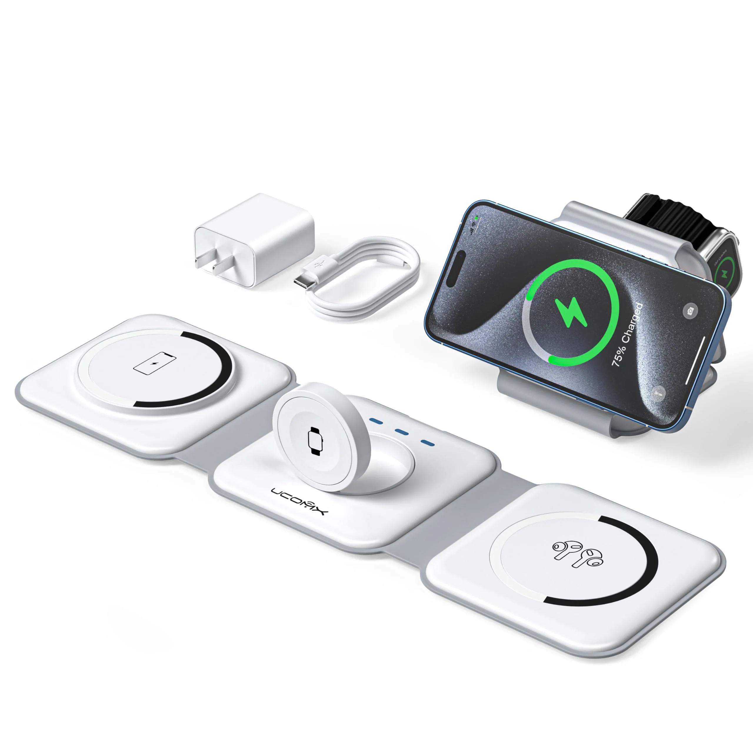 UCOMX 3 in 1 Charging Station for Multple Devices,Foldable 3 in 1 Wireless Charger for Travel,Nano Wireless Charging Station for iPhone16 15 14 13 12 Pro Max/Watch 10 9 8 7 6 5 4 3 Ultra/AirPod Pro White