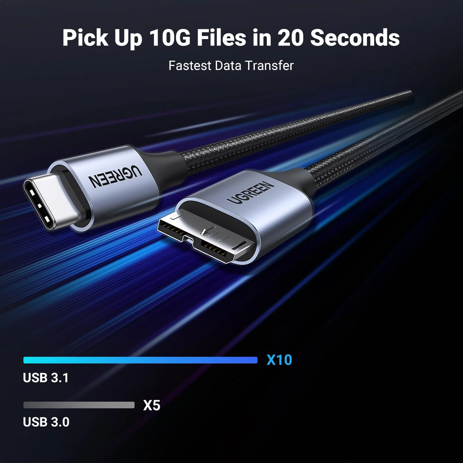 UGREEN 10 Gbps Micro B to USB C Hard Drive Cables, 1.5FT USB C to Micro B, External Hard Drive Cable Compatible with MacBook Pro/Air, iPad/Tablet, iPhone, Samsung Galaxy S24, WD Seagate etc 1.5 FT - Image 2
