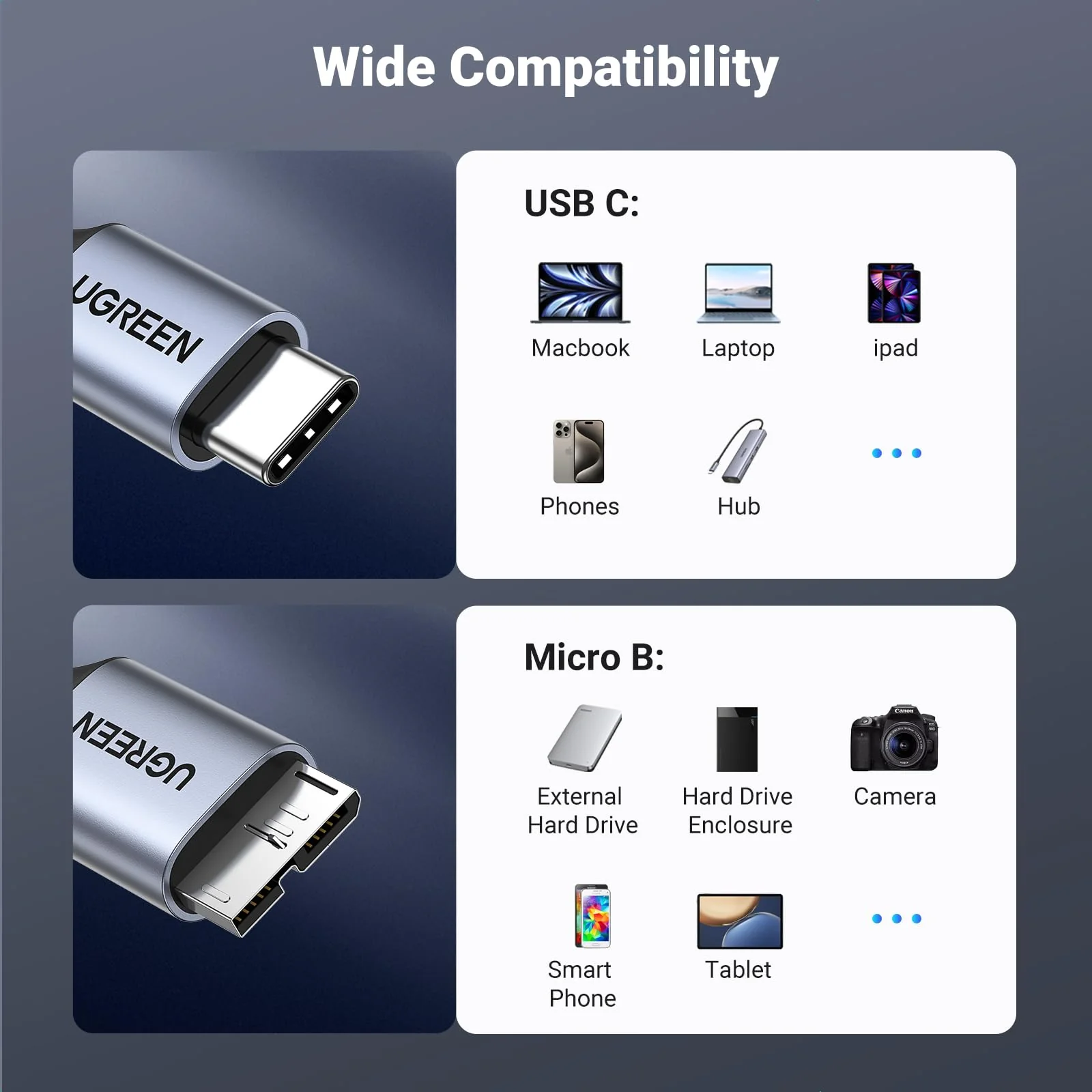 UGREEN 10 Gbps Micro B to USB C Hard Drive Cables, 1.5FT USB C to Micro B, External Hard Drive Cable Compatible with MacBook Pro/Air, iPad/Tablet, iPhone, Samsung Galaxy S24, WD Seagate etc 1.5 FT - Image 6