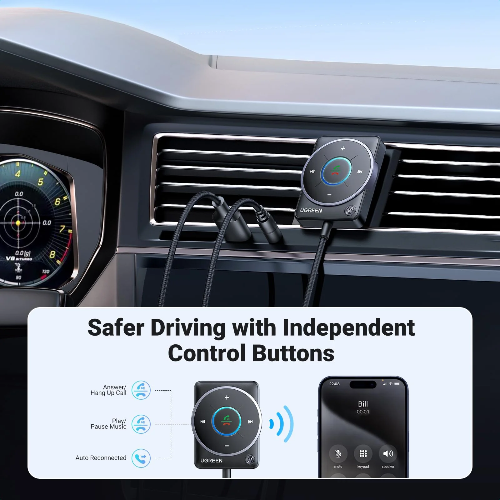 UGREEN 2024 Latest Bluetooth 5.4 Aux Car Adapter, [Enhanced Connection & Noise Cancellation], Bluetooth Aux Receiver with Nylon Braided Cable, Plug & Play for Car Music/Hands-Free Calls/Stereo Audio - Image 4