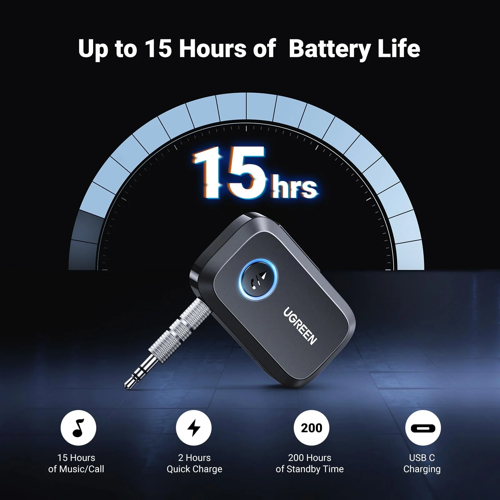 UGREEN 5.3 Aux Bluetooth Adapter for Car, [Greater Connection] Bluetooth Aux Adapter for Car, Bluetooth aux for Wireless Audio Receiver for Home Stereo/Wired Speaker, 15H Battery Life Black - Image 5