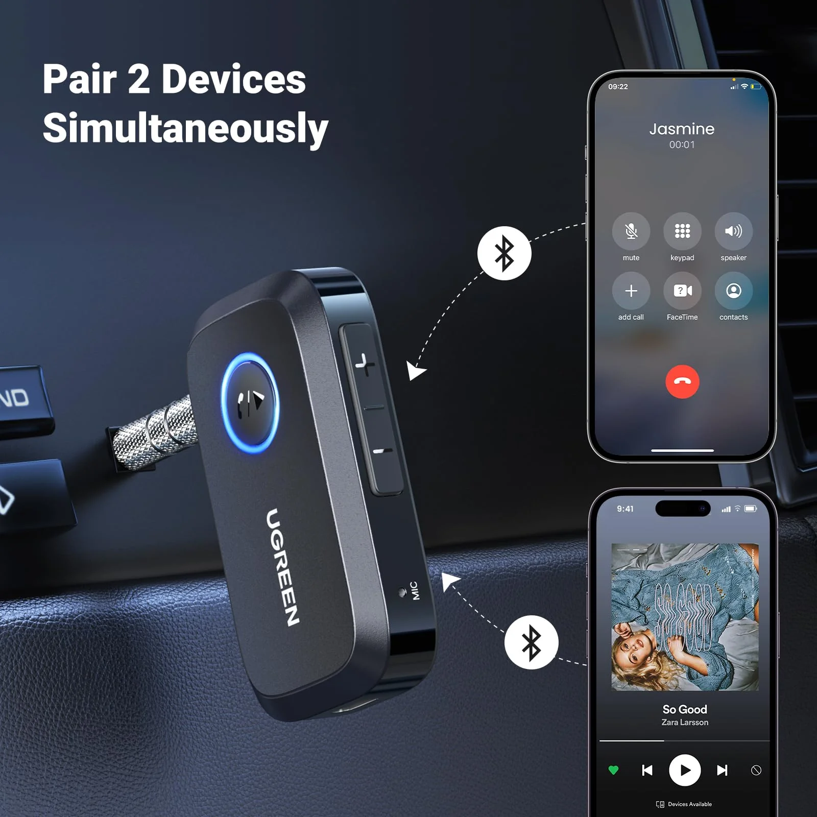 UGREEN 5.3 Aux Bluetooth Adapter for Car, [Greater Connection] Bluetooth Aux Adapter for Car, Bluetooth aux for Wireless Audio Receiver for Home Stereo/Wired Speaker, 15H Battery Life Black - Image 6