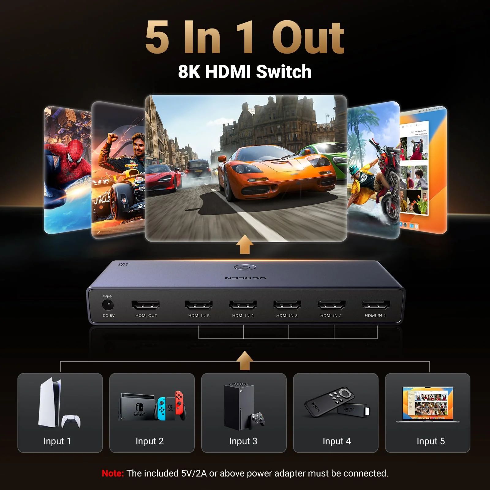UGREEN 8K@60Hz HDMI Switch 5 in 1 Out Aluminum Support 4K@240Hz HDR10+ HDCP 2.3 CEC HDMI 2.1 Switcher Splitter with Power Adapter Compatible with PS5/4 Xbox Nintendo Switch Roku Apple TV Fire Stick - Image 2