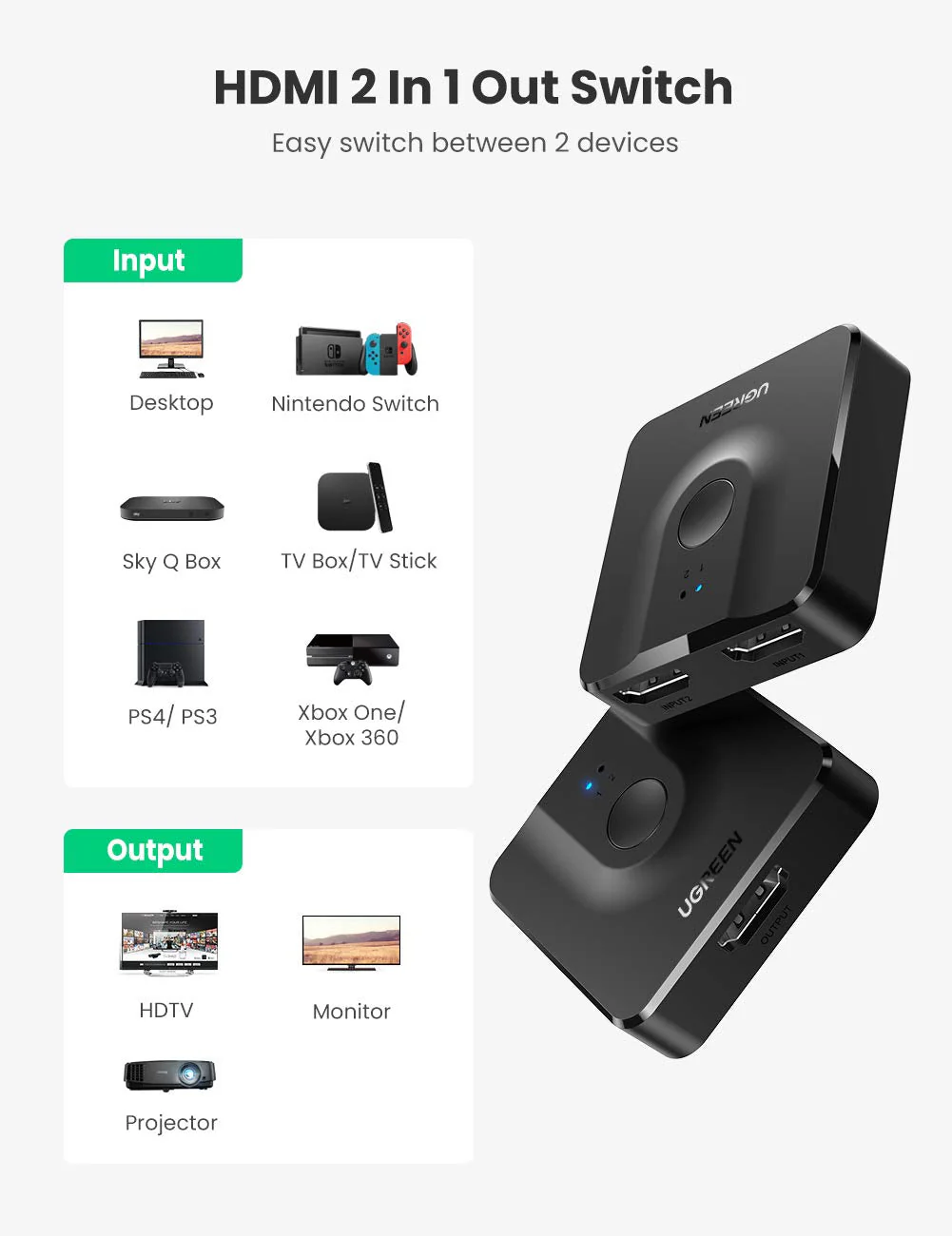 UGREEN HDMI Switch 4K@60Hz HDMI Splitter Bi-Directional HDMI Switcher 2 Input 1 Output Splitter Support 4K 3D Compatible for Nintendo Switch Blu-Ray Player Roku TV Stick Xbox PS4 HDTV Monitor - Image 7