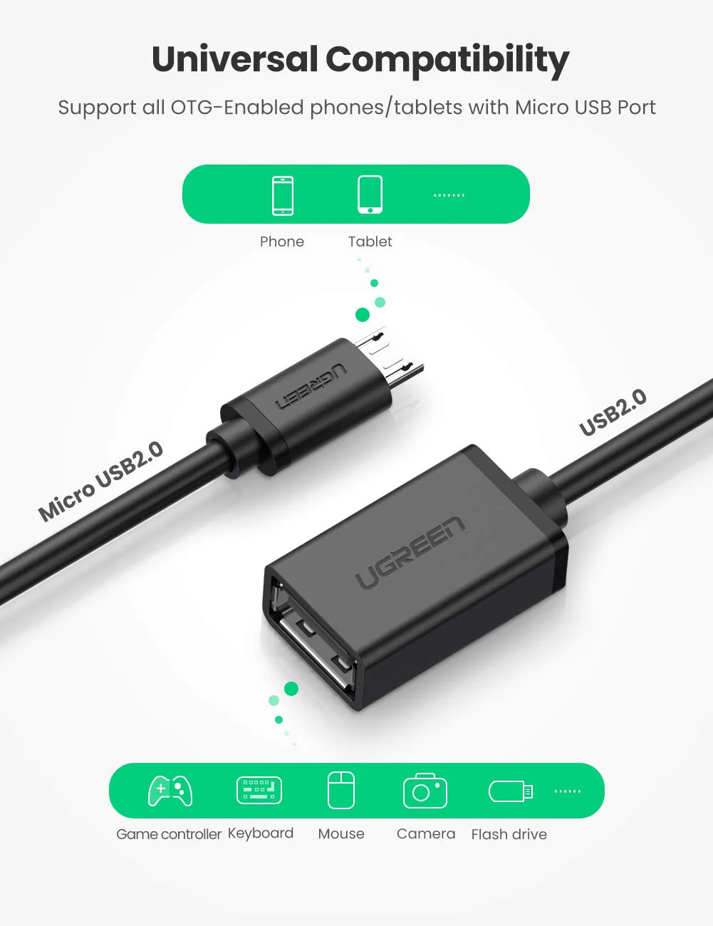 UGREEN Micro USB to USB Micro USB 2.0 OTG Cable 2 Pack On The Go Adapter Micro USB Male to USB Female for Samsung S7 S6 Edge S4 S3 LG G4 DJI Spark Mavic Remote Controller Android Tablets Black - Image 5