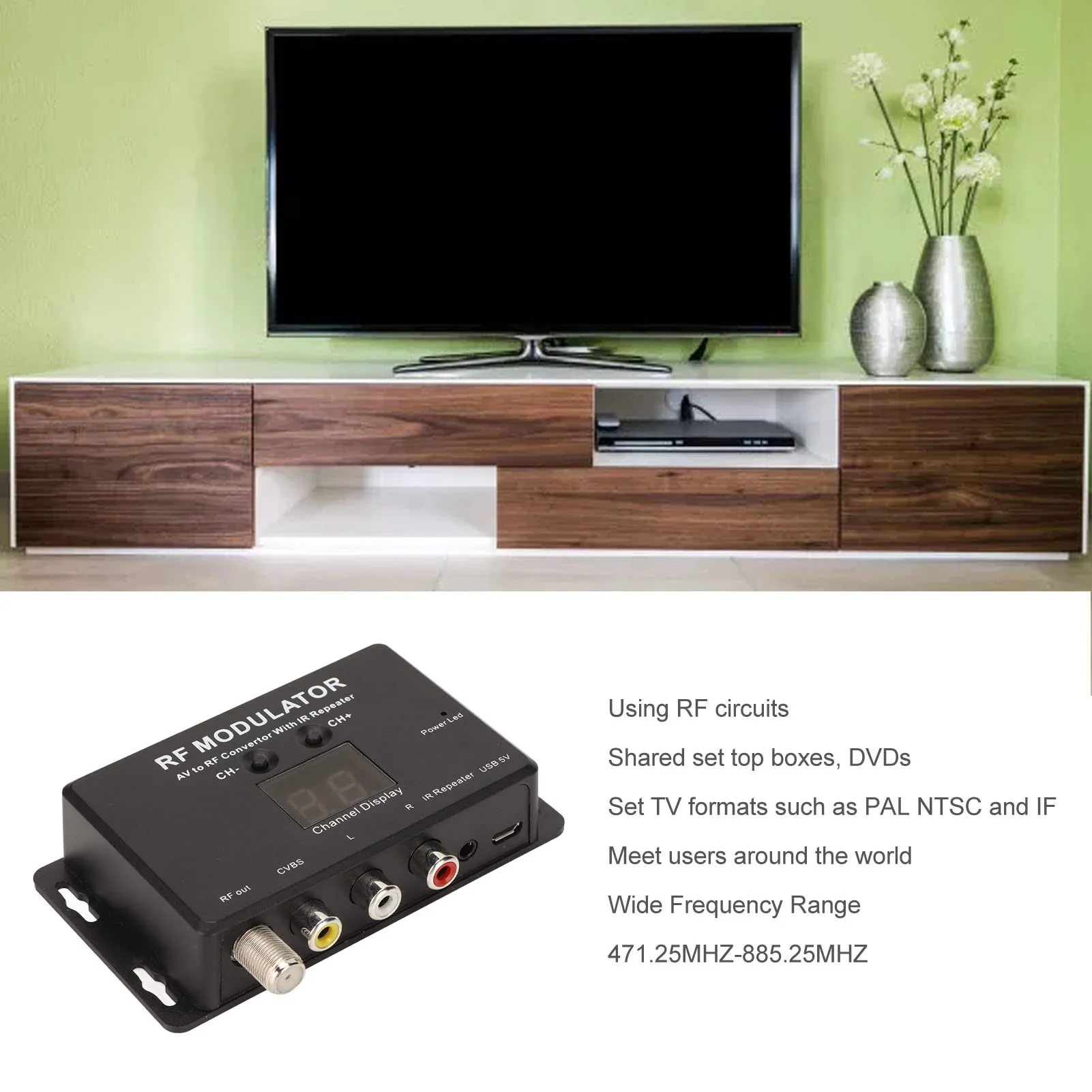 UHF Modulator, Mini AV to RF Modulator, UHF TV Link Modulator AV to RF Converter, AV to RF TV Modulator with Channel Display, Support PAL NTSC, for Set Top Box, DVDs - Image 2