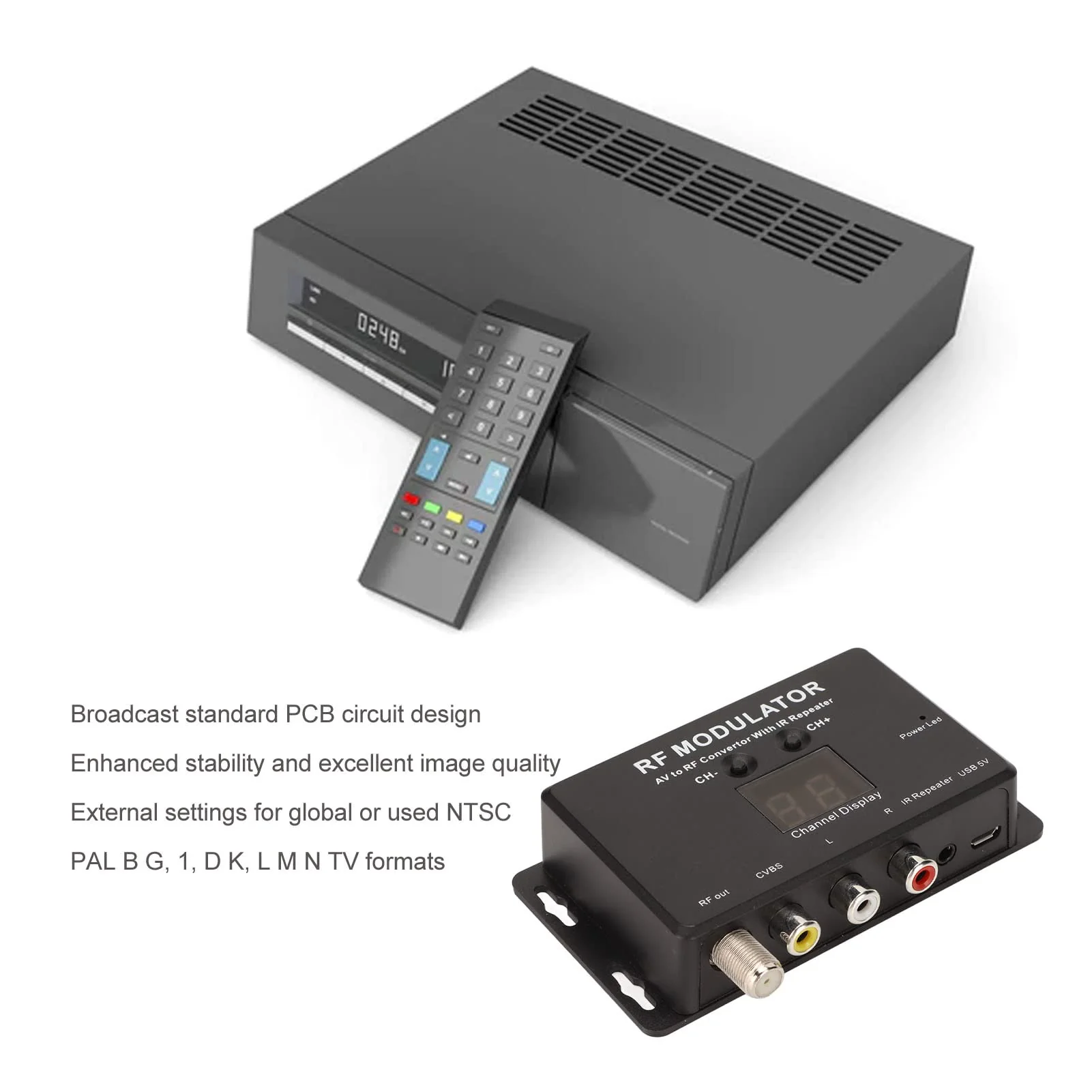UHF Modulator, Mini AV to RF Modulator, UHF TV Link Modulator AV to RF Converter, AV to RF TV Modulator with Channel Display, Support PAL NTSC, for Set Top Box, DVDs - Image 3