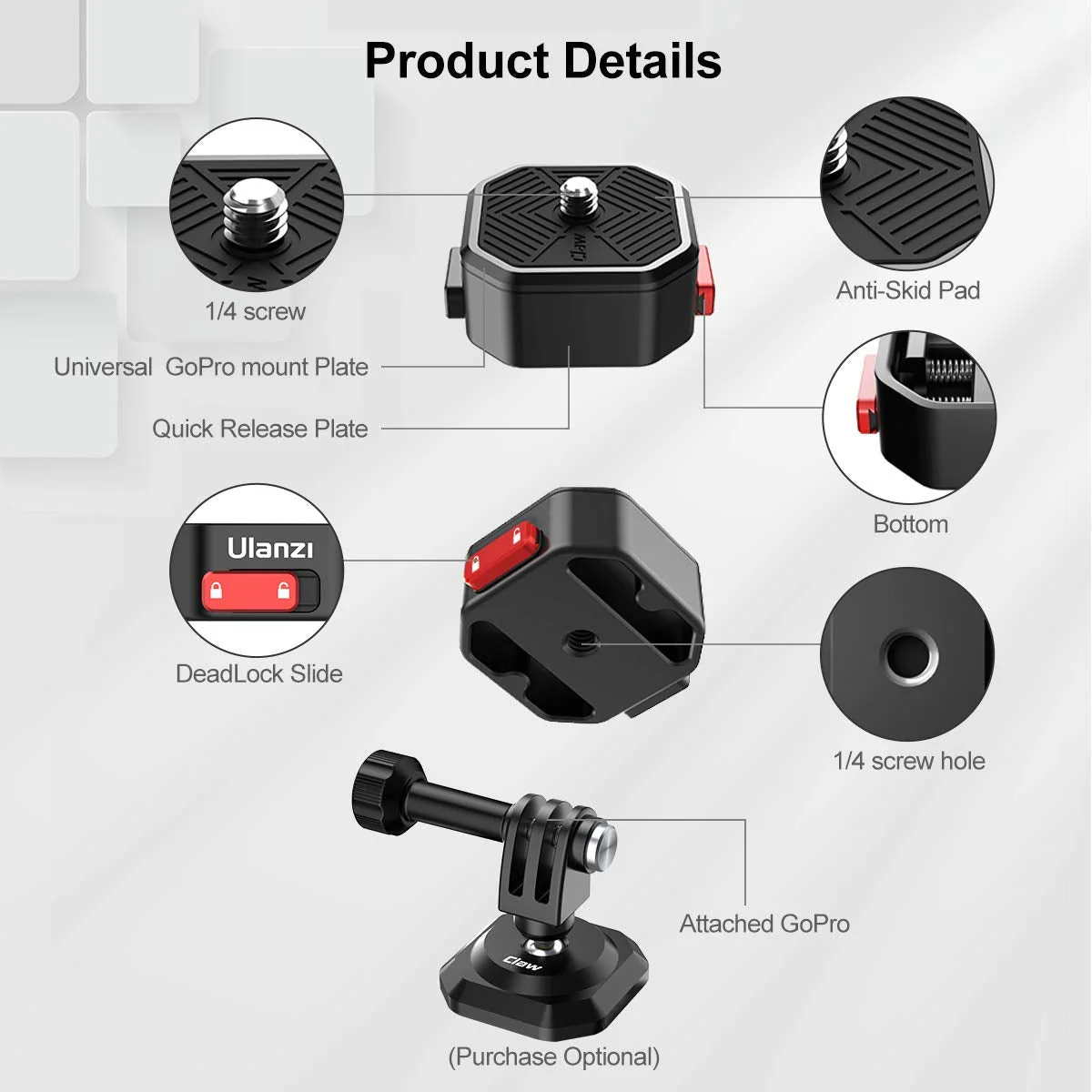 Ulanzi Claw Quick Release Plate Tripod QR Camera Mount Adapter, Quick Setup Kit with 1/4'' Screw for Canon/Sony/Nikon Cameras/Zhiyun/Feiyu/DJI/Moza Stablizers Switch Between Tripod/Monopod/Slider - Image 6