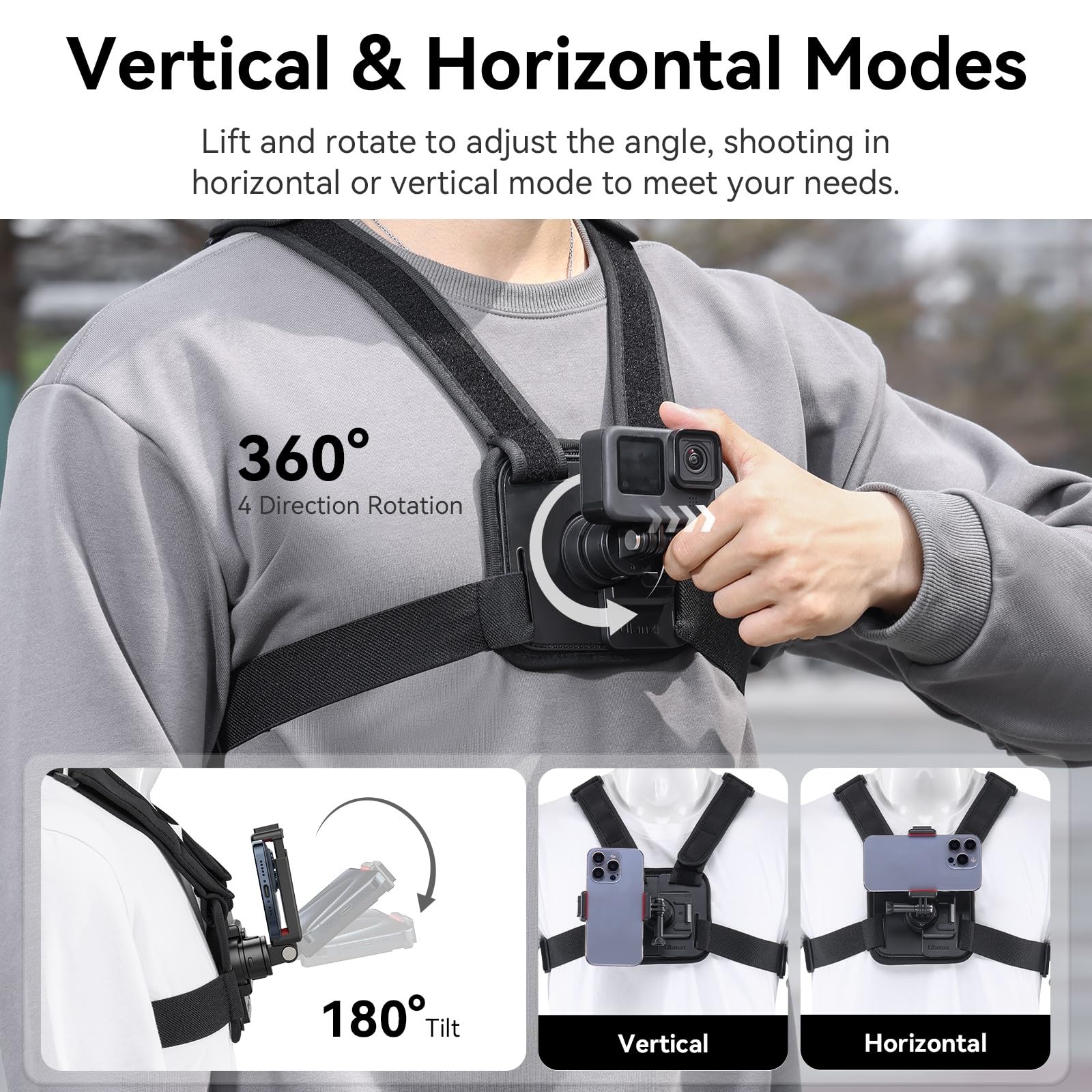 ULANZI CM028 Adjustable Chest Mount Harness w Vertical/Horizontal Switching for GoPro DJI Insta360 Action Cameras - Phone POV Chest Strap Mount Harness for iPhone Samsung Cameras Body Mount - Image 2
