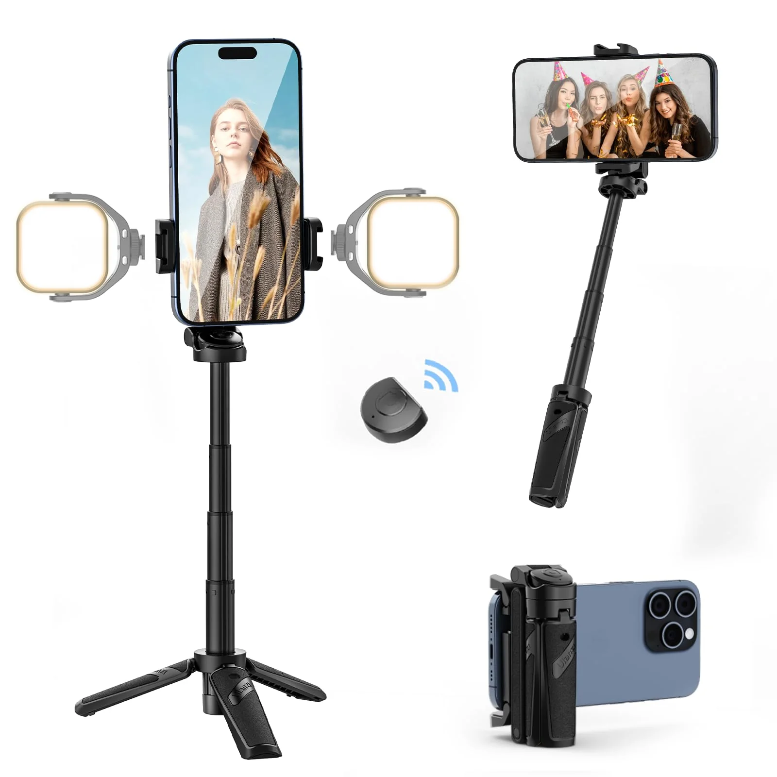 ULANZI JJ02 Selfie Stick Tripod, Extendable Grip Phone Tripod with Detachable Remote Pocket Size, 3-in-1 Mini Phone Grip 2 Cold Shoe, 10m/393.7'' Wireless Shutter, Vlog Livestreaming Photography Matte