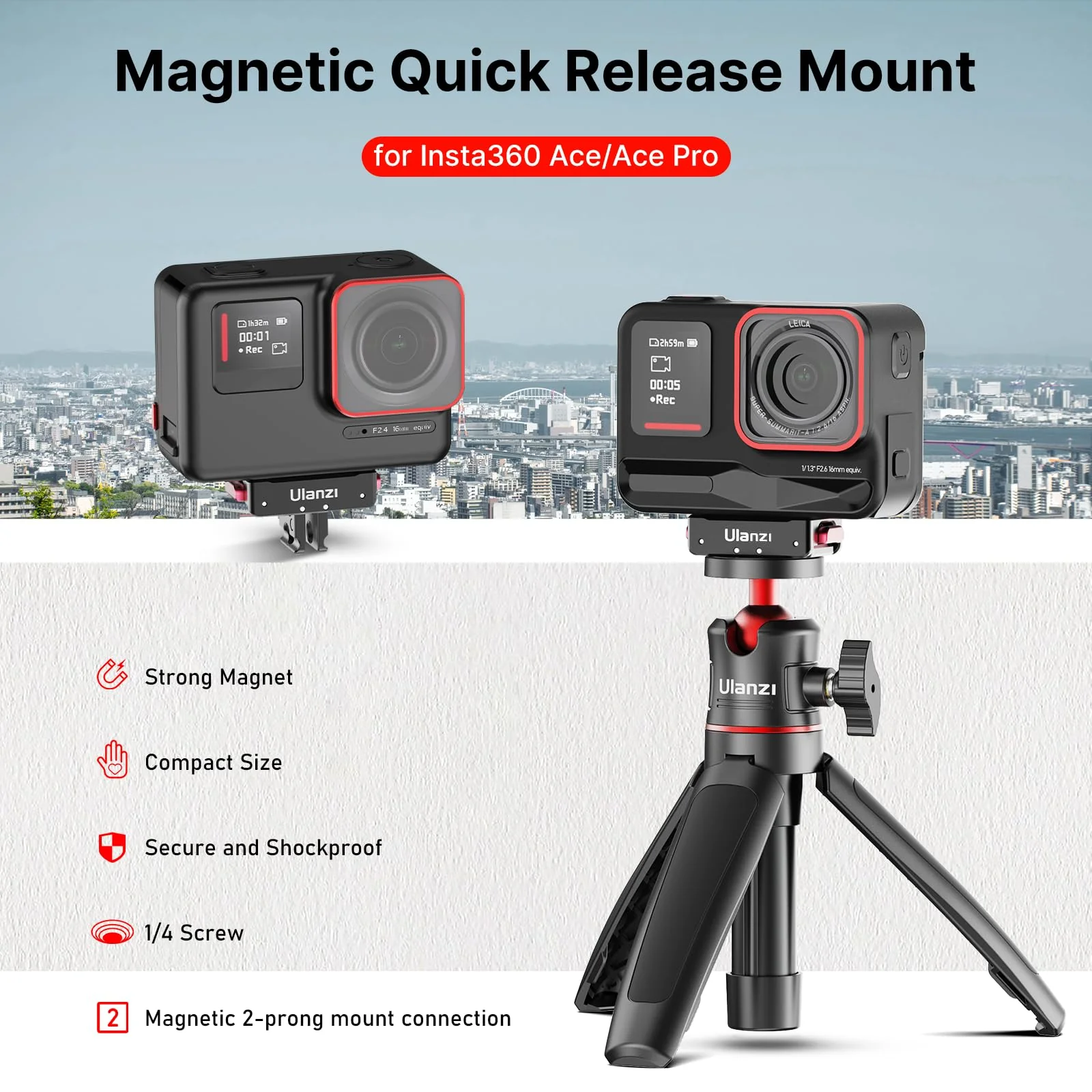 Ulanzi Magnetic Adapter Mount, Quick Release Mount, Magnetic Quick Release Base with 1/4 Screw for Insta360 ACE/ACE PRO, Insta360 x4/x3, 1/4 Screw Hole for Tripod Foldable C010 - Image 2