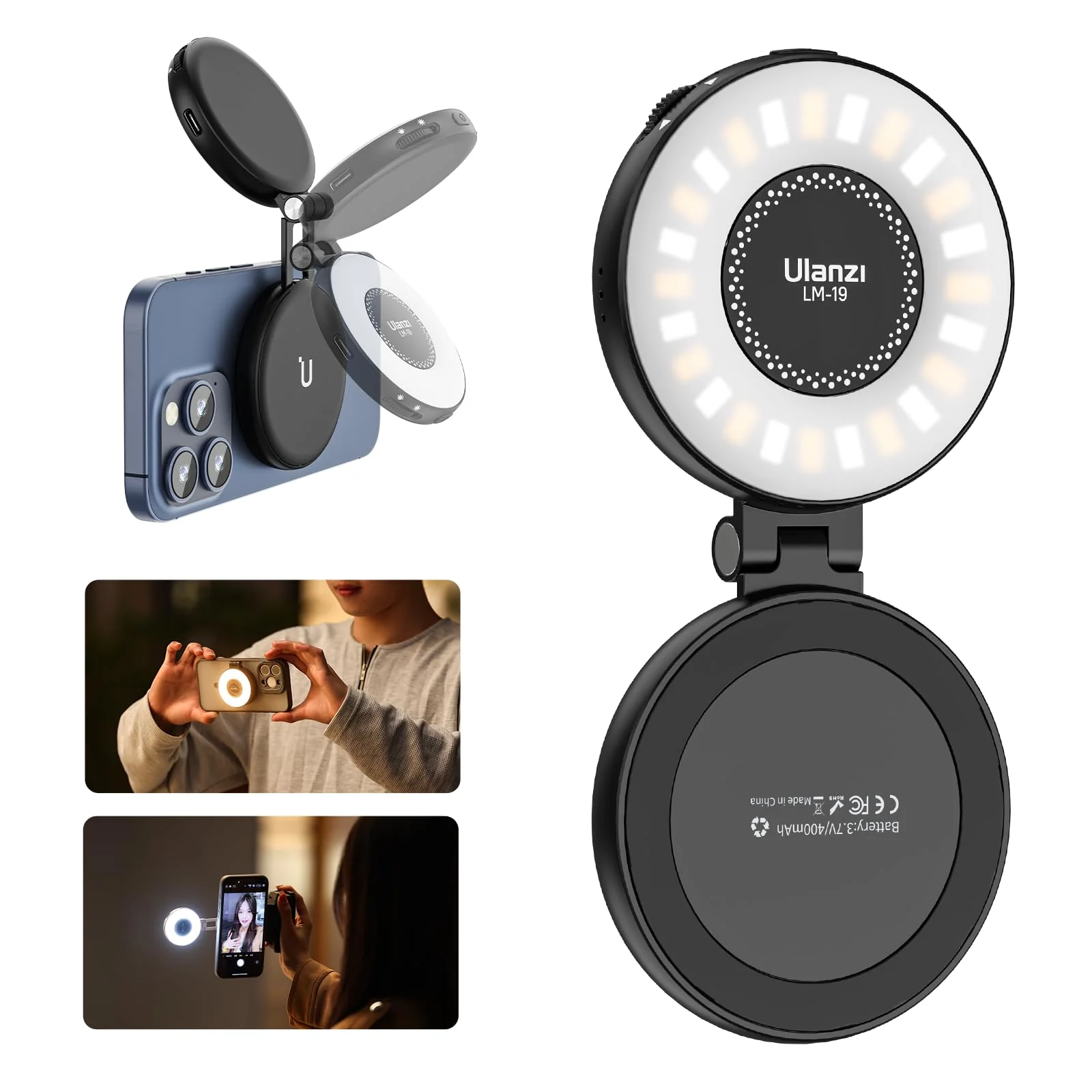 ULANZI Magnetic Selfie Light, LED Fill Light Compatible with Magsafe, LED Selfie Ring Light Included Sticky Ring for Phones, for Selfies/Photography/TikTok/Zoom Calls/Video Conference Color Black