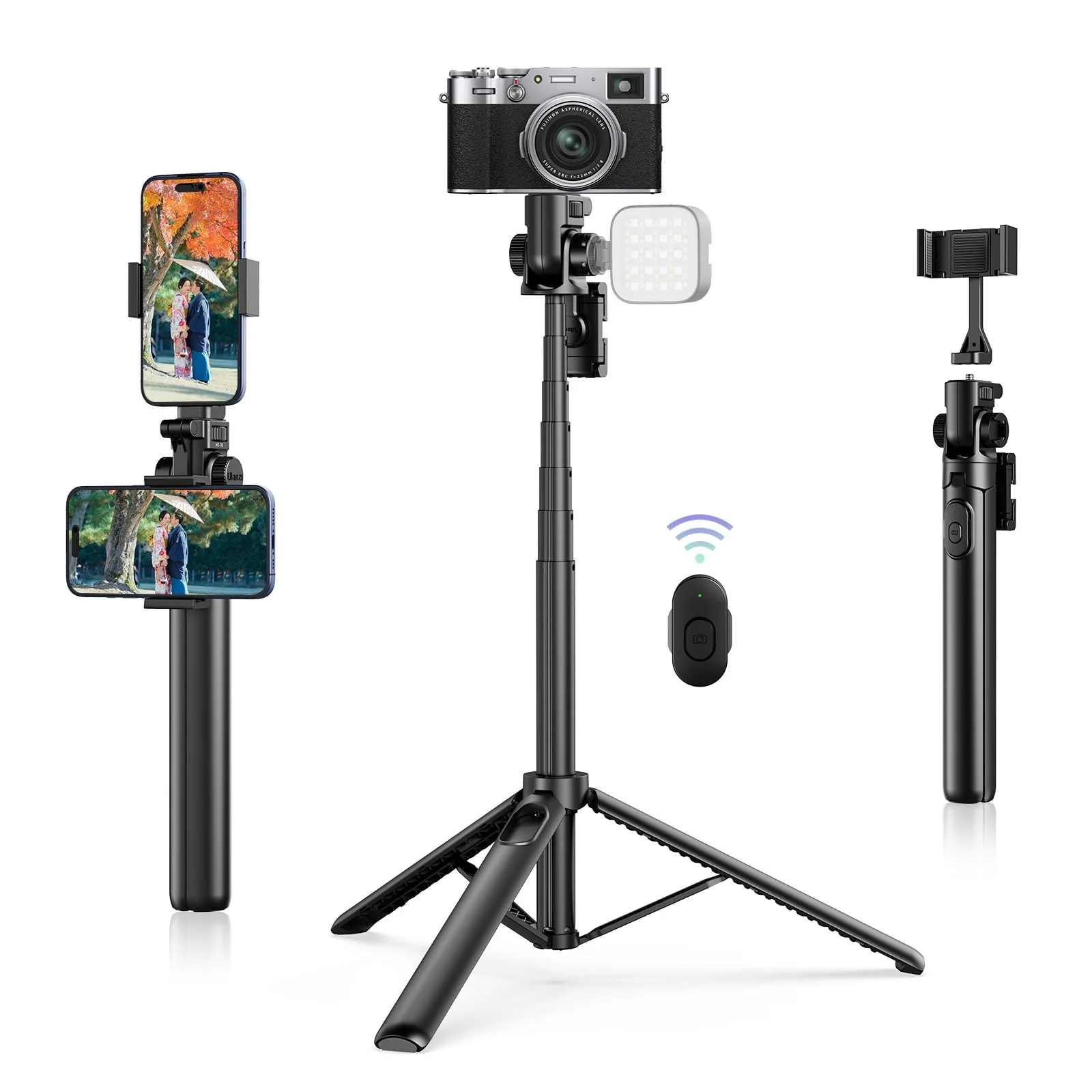 ULANZI MT-70 Extendable Phone Tripod, 63" Selfie Stick Phone Vlog Tripod Stand with 2 Phone Clip, 360° Rotate Dual Camera Tripod for iPhone Sony Canon Action Camera, Lightweight for Travel MT-70 Tripod