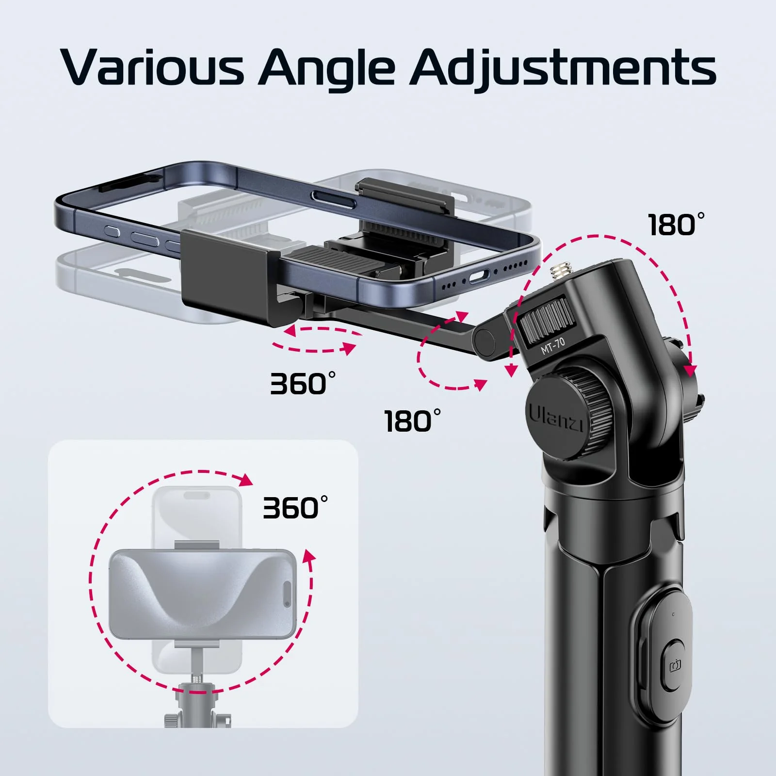 ULANZI MT-70 Extendable Phone Tripod, 63" Selfie Stick Phone Vlog Tripod Stand with 2 Phone Clip, 360° Rotate Dual Camera Tripod for iPhone Sony Canon Action Camera, Lightweight for Travel MT-70 Tripod - Image 3