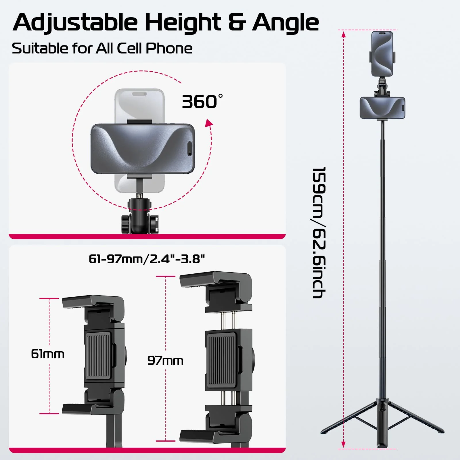 ULANZI MT-70 Extendable Phone Tripod, 63" Selfie Stick Phone Vlog Tripod Stand with 2 Phone Clip, 360° Rotate Dual Camera Tripod for iPhone Sony Canon Action Camera, Lightweight for Travel MT-70 Tripod - Image 4