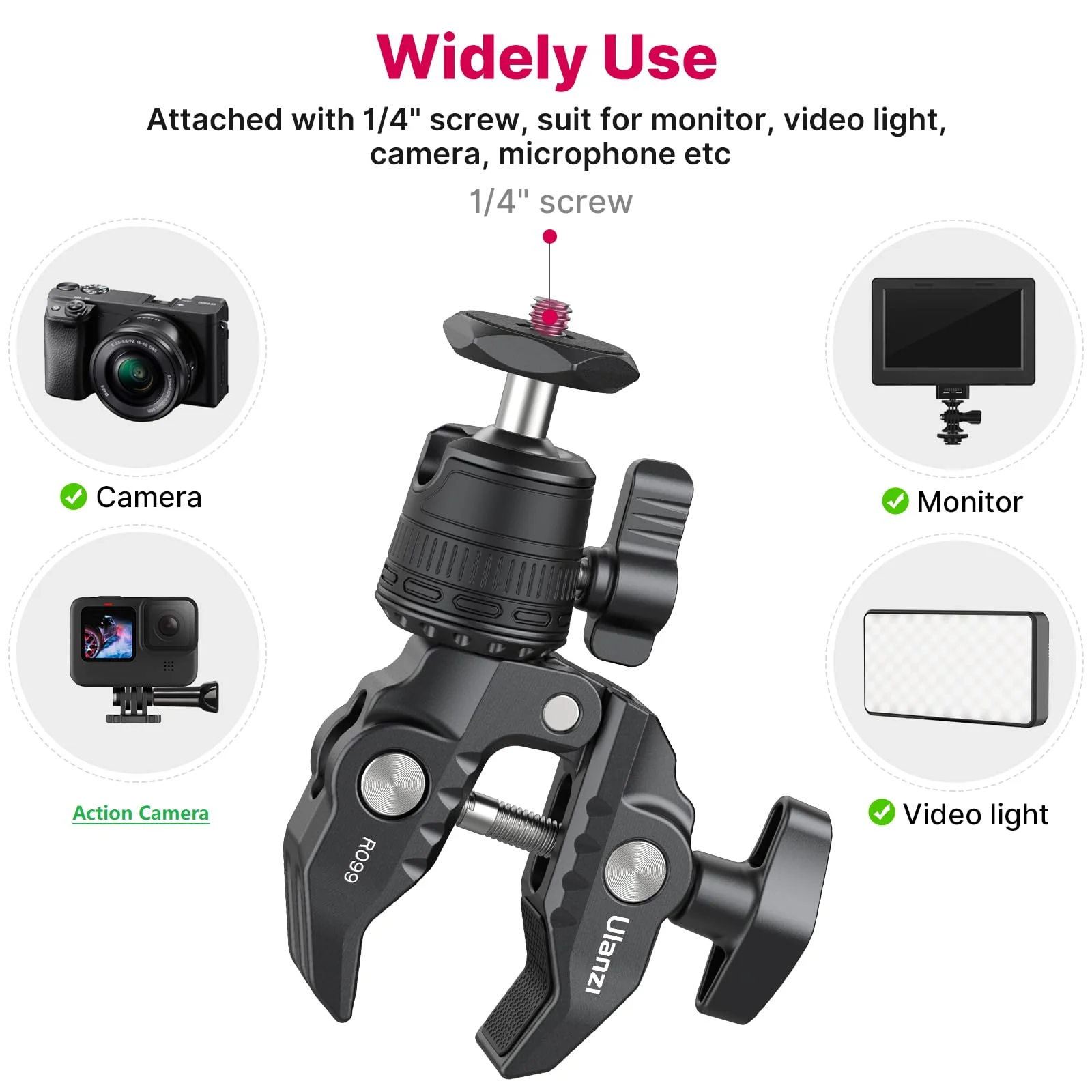 ULANZI R099 Super Clamp Camera Mount Clamp with 360° Ballhead, Bike/Bicycle/Motorcycle Handlebar Mount for Insta360/GoPro/AKASO/DJI Osmo Action Cameras, DSLR/Cameras/Lights Pole Tube Mount - Image 3