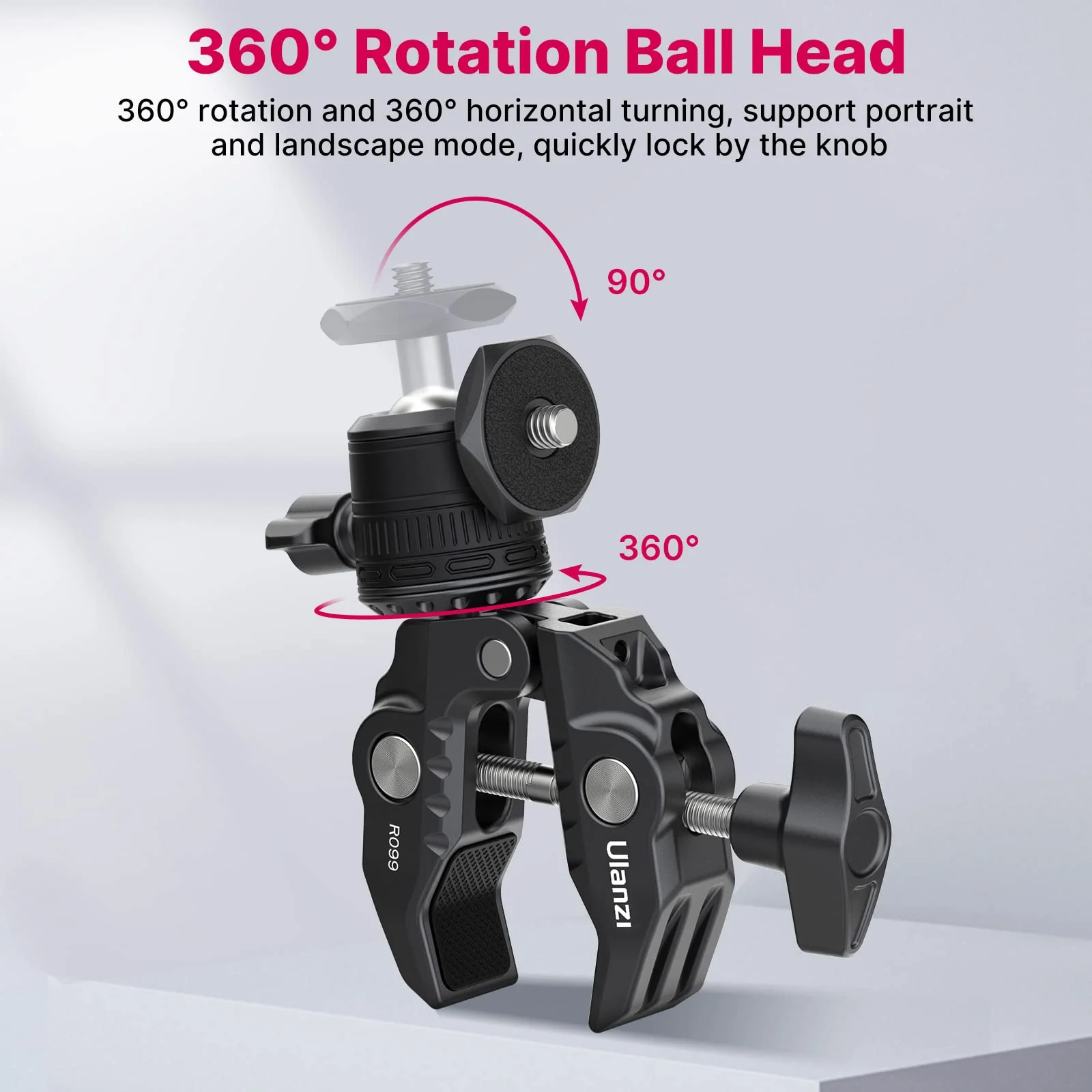 ULANZI R099 Super Clamp Camera Mount Clamp with 360° Ballhead, Bike/Bicycle/Motorcycle Handlebar Mount for Insta360/GoPro/AKASO/DJI Osmo Action Cameras, DSLR/Cameras/Lights Pole Tube Mount - Image 4