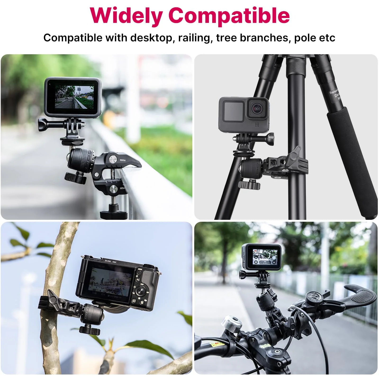 ULANZI R099 Super Clamp Camera Mount Clamp with 360° Ballhead, Bike/Bicycle/Motorcycle Handlebar Mount for Insta360/GoPro/AKASO/DJI Osmo Action Cameras, DSLR/Cameras/Lights Pole Tube Mount - Image 5