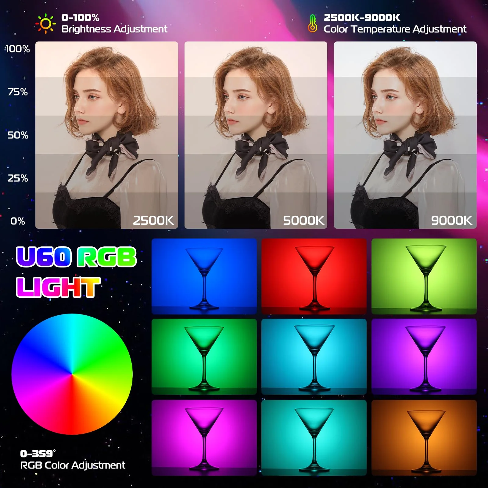 ULANZI U60 RGB Video Lights Black LED Camera Light 360° Full Color Portable Photography Lighting w Quick Release Cold Shoe Adapter and Clip, 2500mAh Rechargeable CRI 95+ 2500-9000K Dimmable Panel Lamp - Image 2