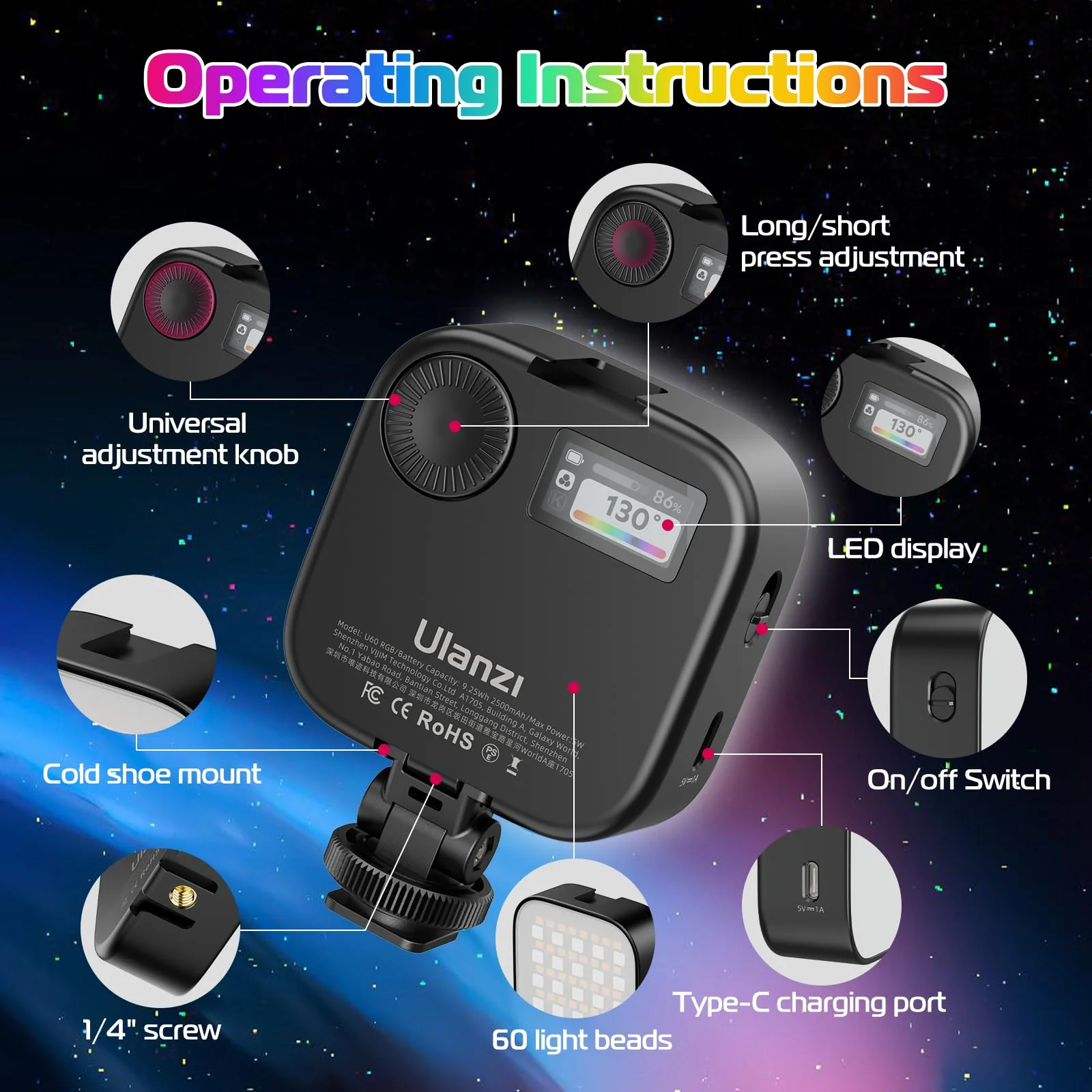 ULANZI U60 RGB Video Lights Black LED Camera Light 360° Full Color Portable Photography Lighting w Quick Release Cold Shoe Adapter and Clip, 2500mAh Rechargeable CRI 95+ 2500-9000K Dimmable Panel Lamp - Image 3