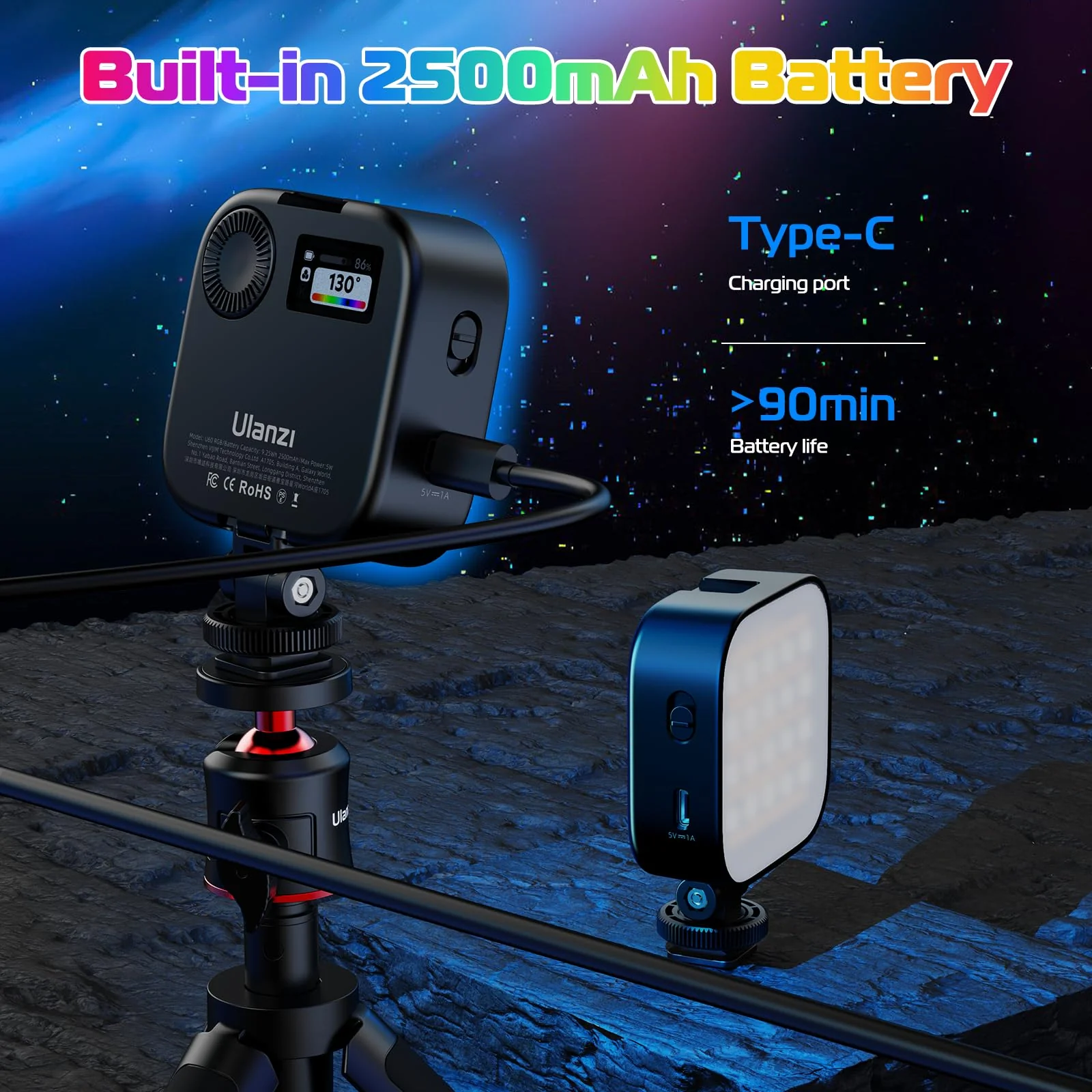 ULANZI U60 RGB Video Lights Black LED Camera Light 360° Full Color Portable Photography Lighting w Quick Release Cold Shoe Adapter and Clip, 2500mAh Rechargeable CRI 95+ 2500-9000K Dimmable Panel Lamp - Image 5