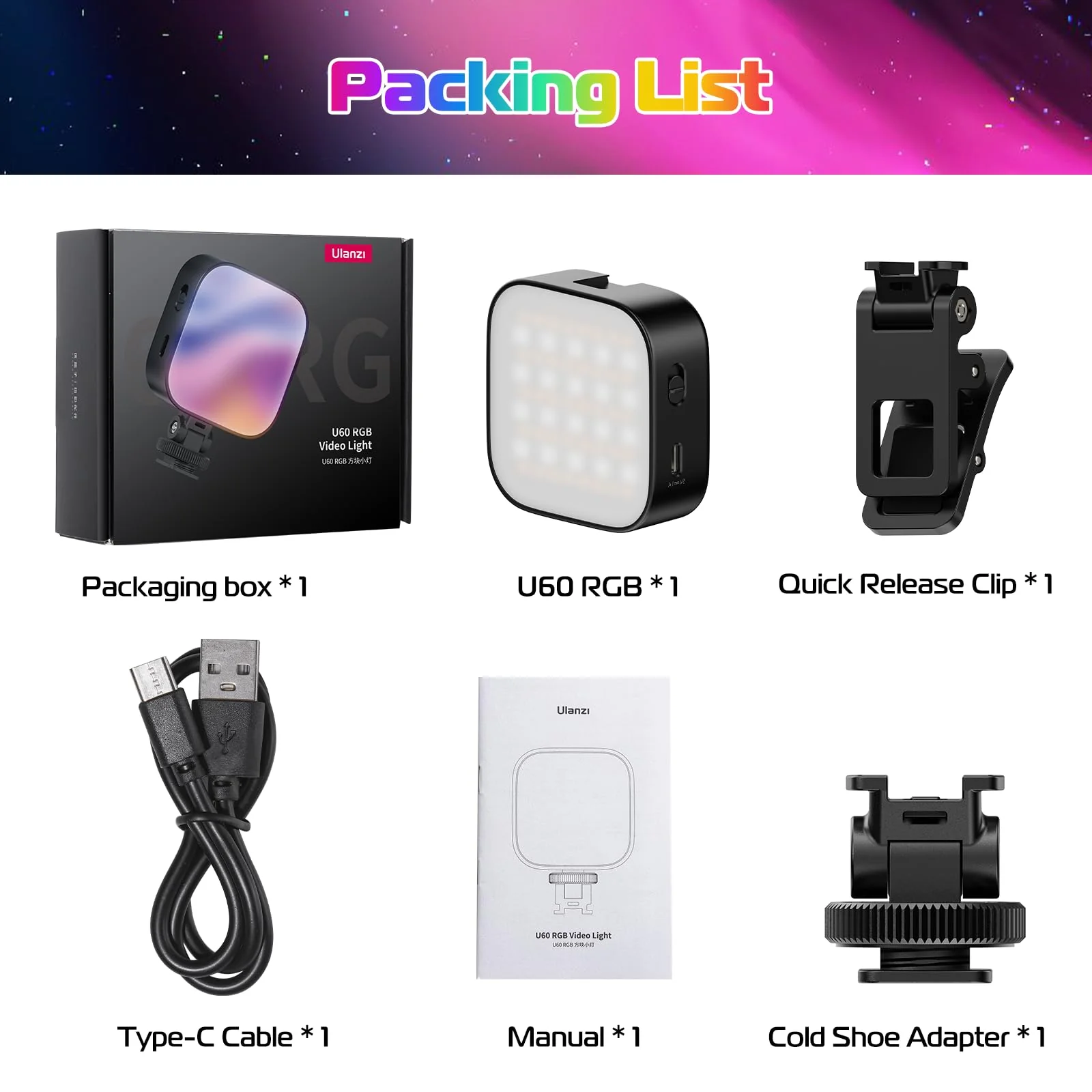 ULANZI U60 RGB Video Lights Black LED Camera Light 360° Full Color Portable Photography Lighting w Quick Release Cold Shoe Adapter and Clip, 2500mAh Rechargeable CRI 95+ 2500-9000K Dimmable Panel Lamp - Image 8