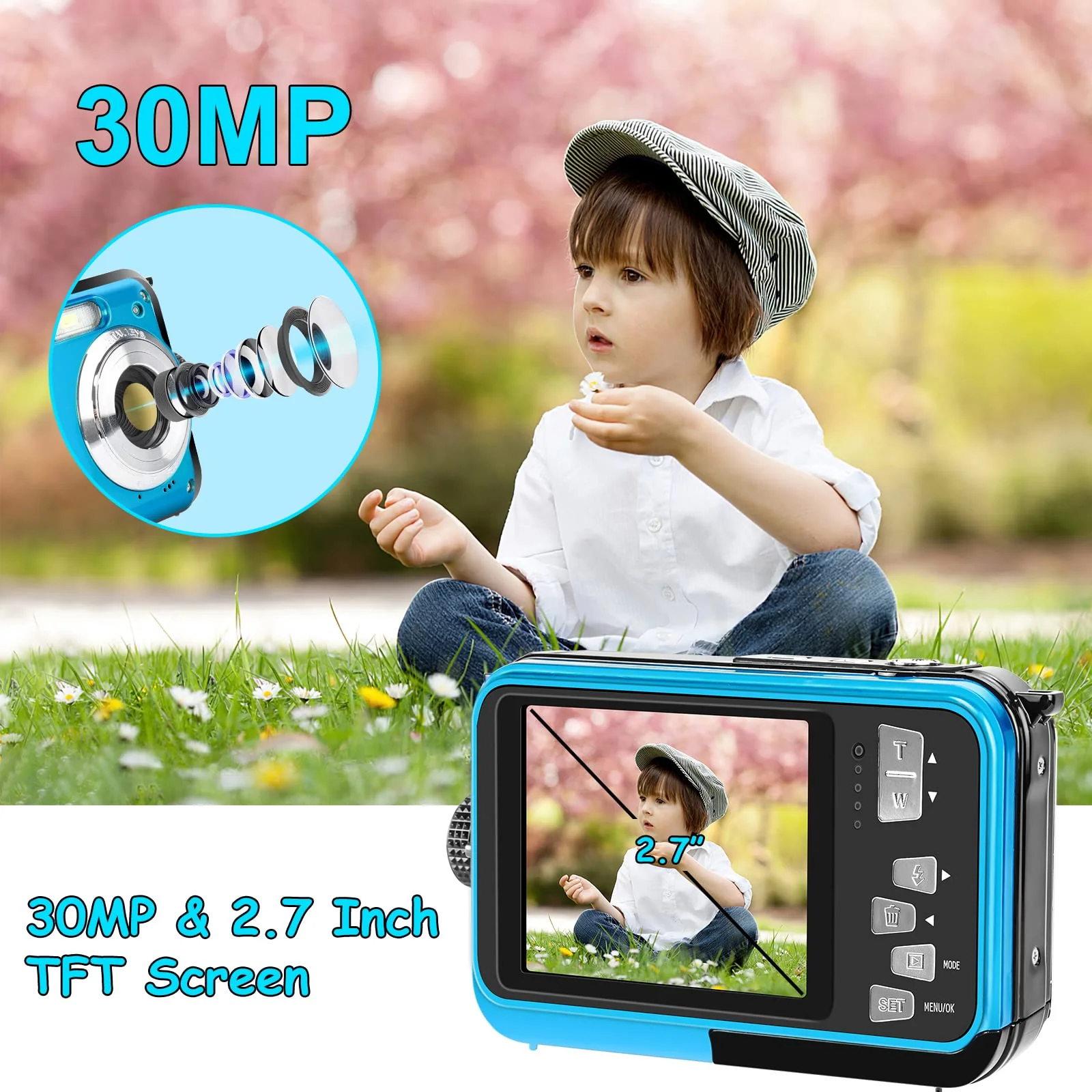 Underwater Camera with 32GB Card Waterproof Camera 10FT 30MP FHD 1080P Compact 16X Digital Zoom Underwater Kids Digital Camera for Snorkeling, Blue - Image 2
